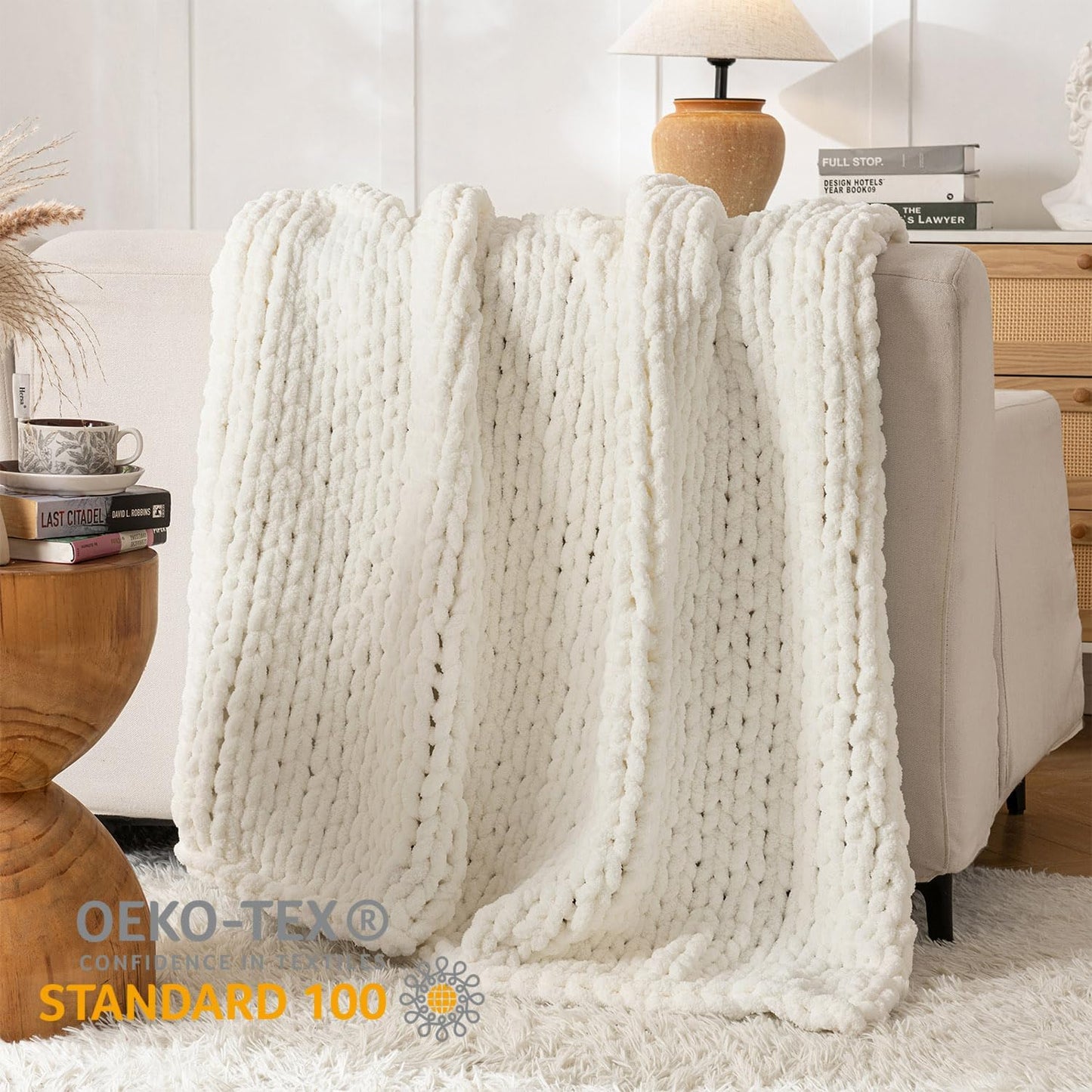 Chunky Knit Blanket Throw, 100% Hand Knit Throw Blanket Handmade Chenille Cable Knit Throw for Couch, Stylish Cozy Soft Rope Knot Crochet Blanket for Home Decor, Ivory, 60x80 Inches