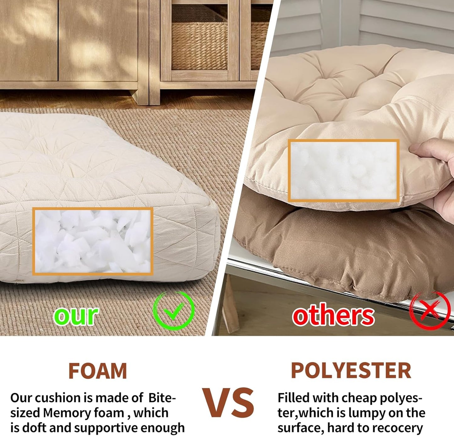 Large Chair Cushions with Handle, 20"x 20" Bite-Size Memory Foam Seat Cushions for Wicker Chair, Patio Non-Slip Rattan Chair Pads, Square Floor Cushion, Beige