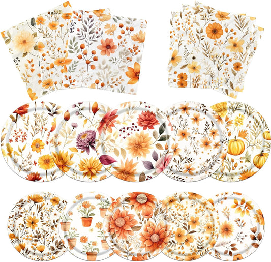 Fall Party Supplies - 60Pcs Autumn Thanksgiving Plates and Napkins Pumpkin Maple Leaf Table Decorations for Fall Birthday,Thanksgiving Party