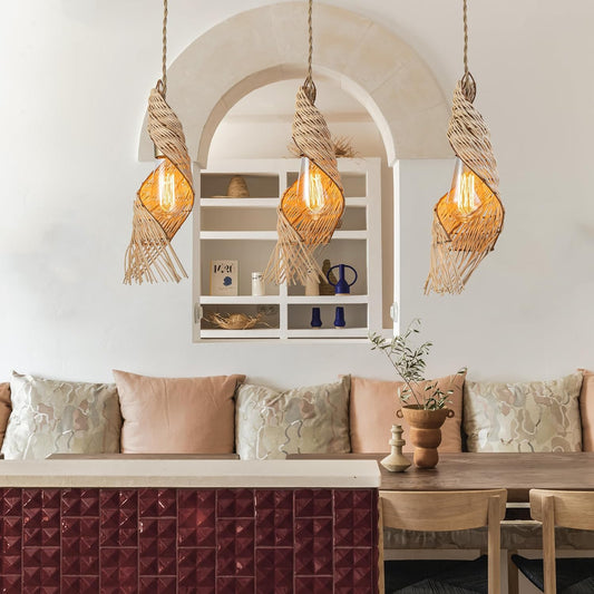 3-Light Modern Rattan Kitchen Island Pendant – Handmade Boho Ceiling Lamp – Spiral Woven Farmhouse Lighting 24" Wide
