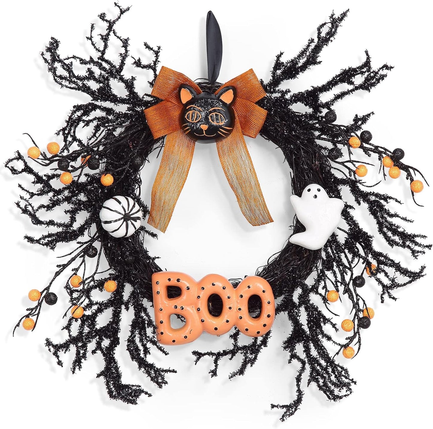 Adeeing Halloween Wreaths for Front Door, 18Inch Halloween Wreath with Black Cat Boo Sign White Pumpkin and Ghost for Indoor Outdoor Window Proch Halloween Decoration