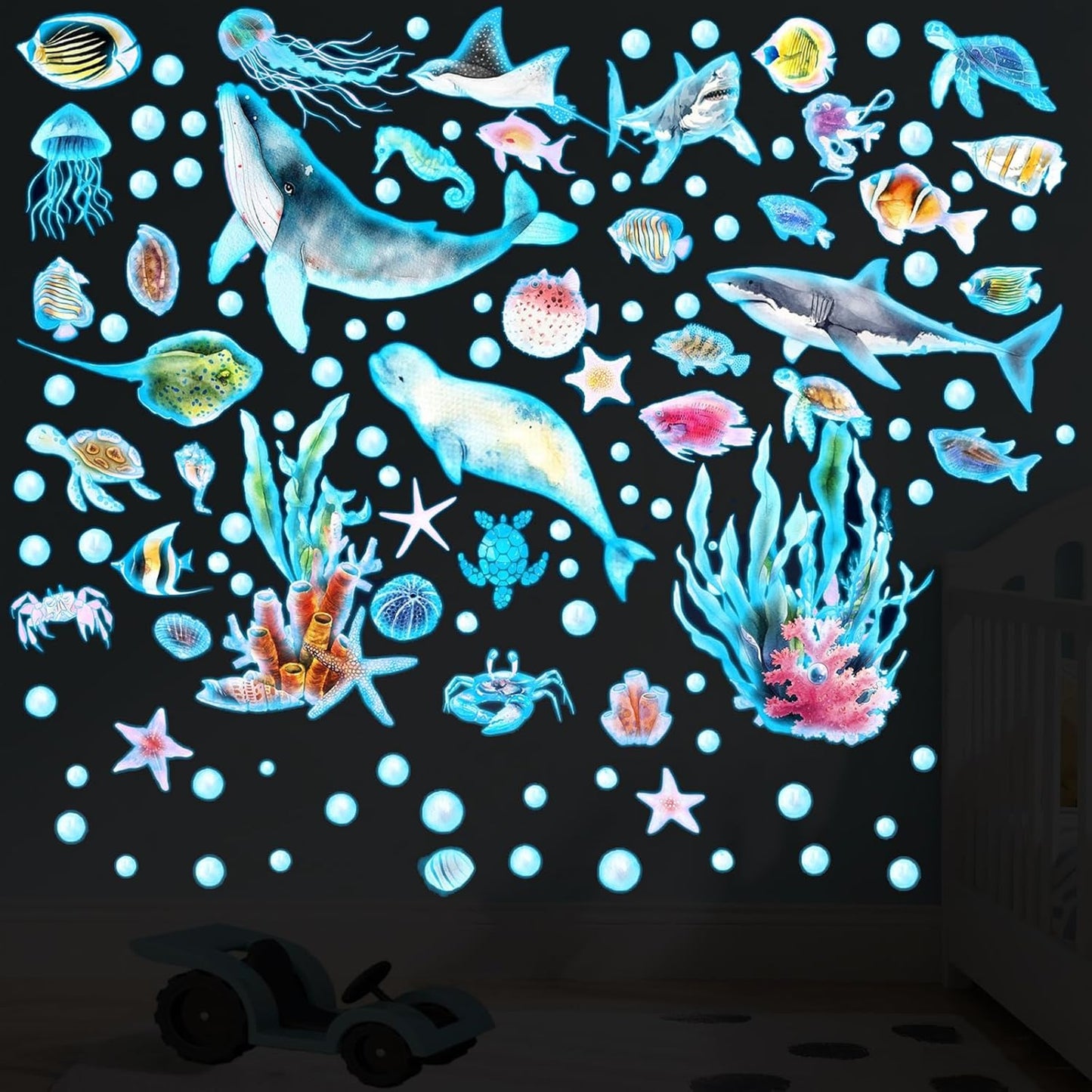 Glow in The Dark Ocean Wall Decals, 4 Sheets Underwater Sea Animal Stickers (Dolphin, Turtle, Jellyfish), Self-Adhesive Kids Bedroom Decor for Boys & Girls, Blue Glow Nursery Wall Art (7.8x11.8in)