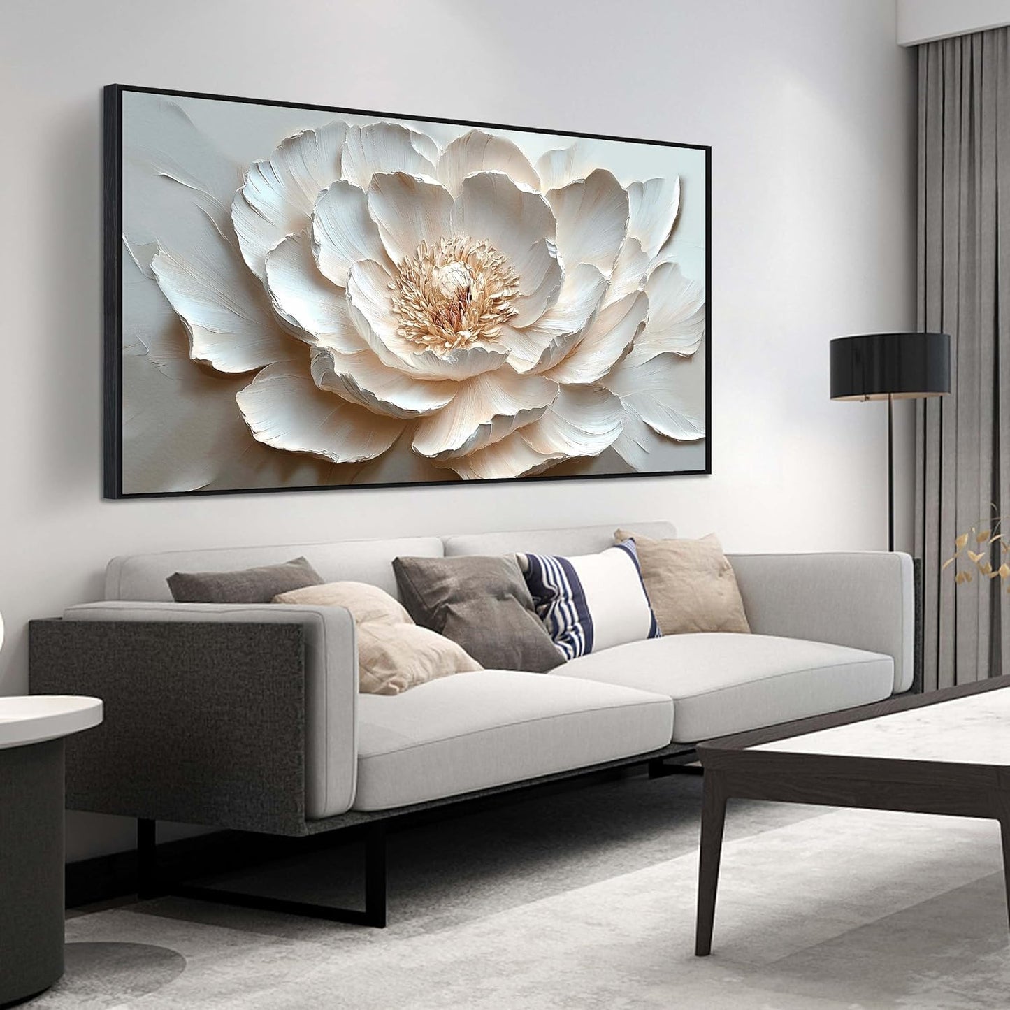 Flower Art Wall Decor for Living Room - White Canvas Wall Art for Office - Large Black Framed Wall Art for Bedroom Size 29" x 59"
