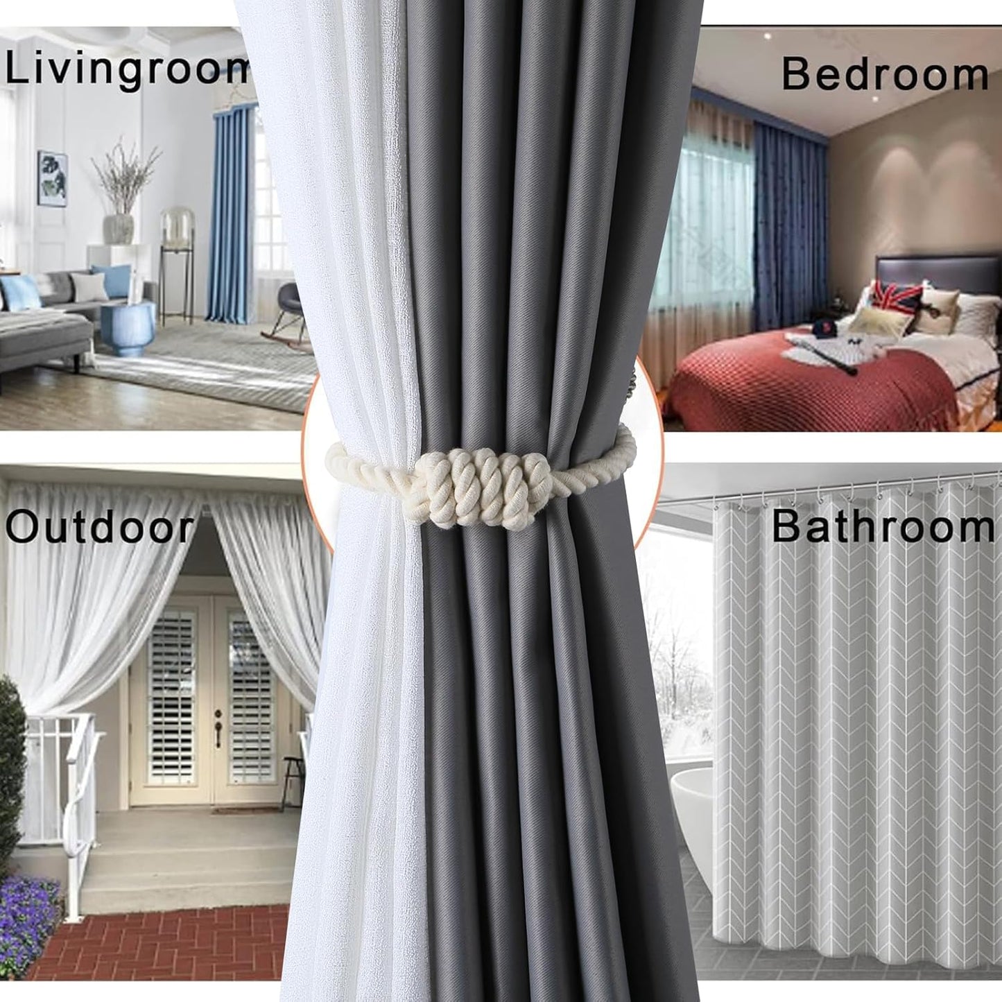 Fenghuangwu 2Pack Magnetic Curtain Tiebacks – Bohemian Style Handmade Woven Tie-Backs for Drapes,Elegant Exquisite Knot Holdbacks,Outdoor Boho & Modern Home Decor（Black