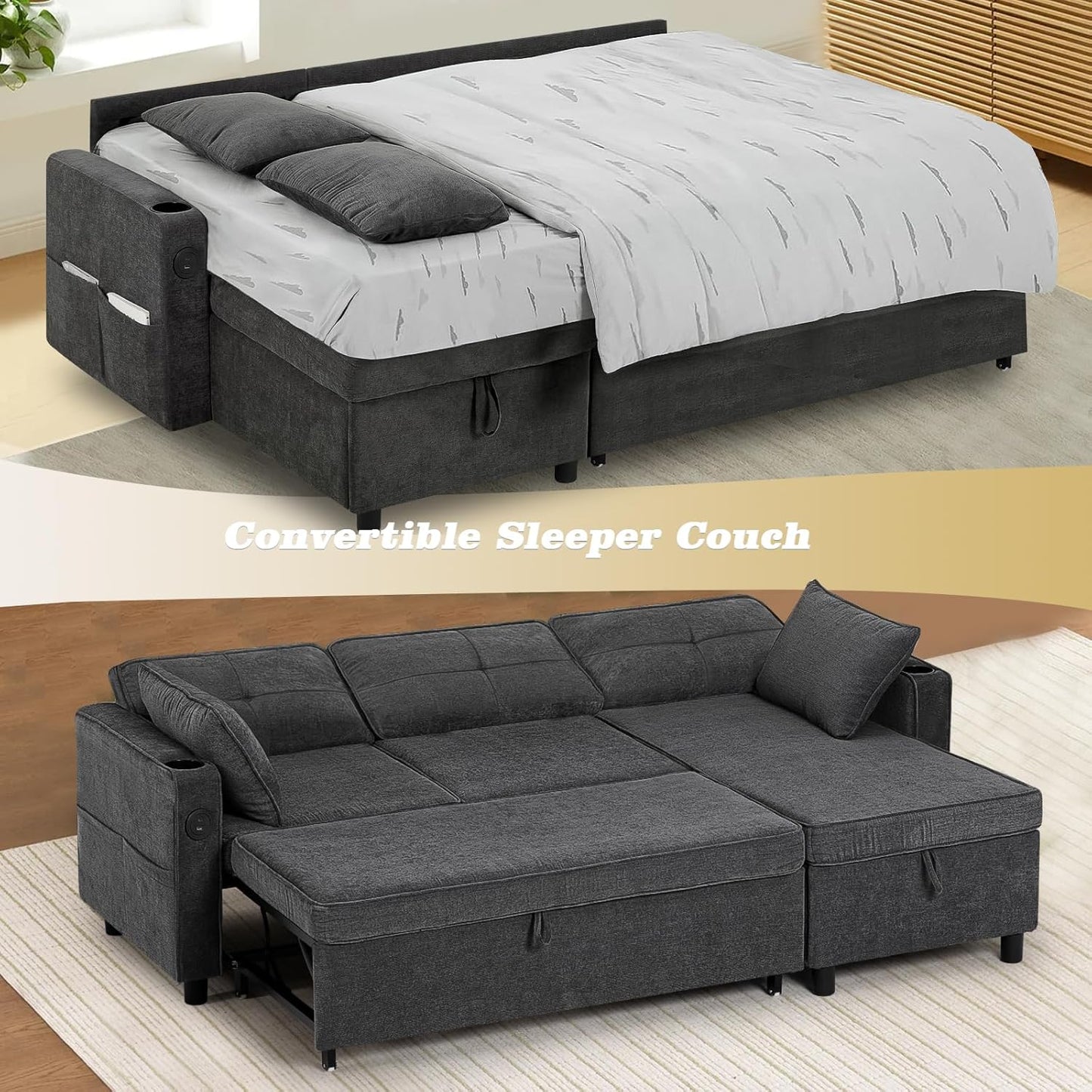 84 Inches Fabric Sectional Sofa w/Pull Out Sofa Bed & Adjustable Back, Tufted L Shaped Couch w/Storage Chaise, Sleeper Sectional Sofa w/USB Port & Cup Holders for Living Room, Grey