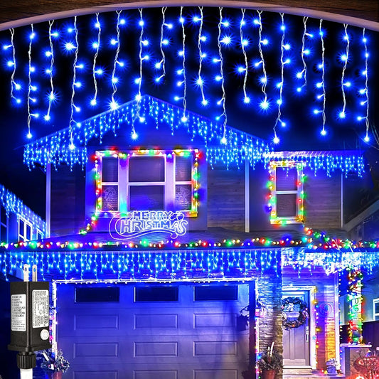 33ft 400LED Icicle Lights for Outside, Blue Christmas Lights for House Patio Yard Porch Backyard Holiday Garden Xmas Exterior Decoration, Waterproof Twinkle Cluster Light Hanging Light All Year