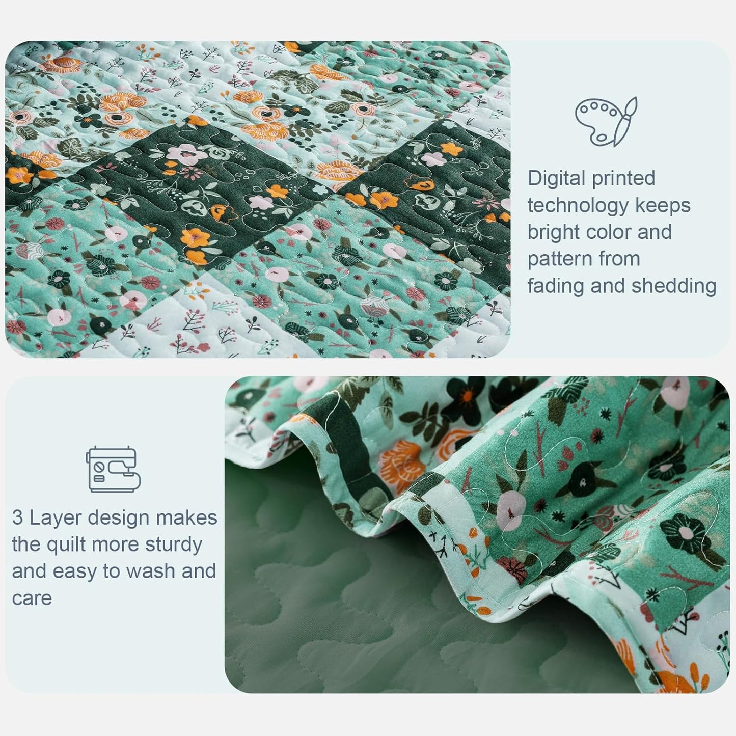 Exclusivo Mezcla Reversible Boho Quilt Set Twin Size, 2 Pieces Patchwork Green All Season Bedspreads, Ultra Soft Floral Coverlet Bedding Set with Printed Pattern (1 Quilt, 1 Pillow Sham)