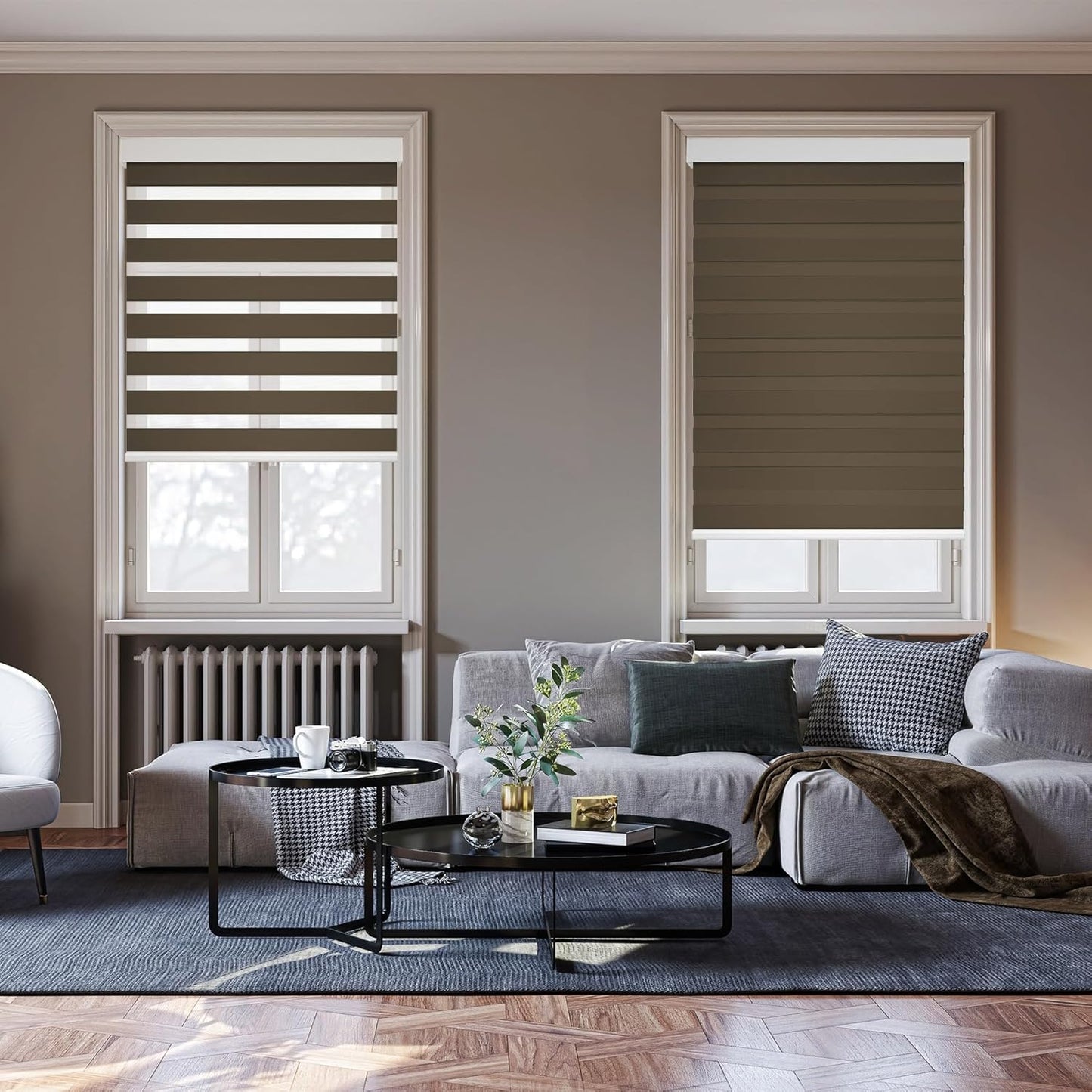 HESTIA Cordless Zebra Blinds Light Filtering Roller Shades UV Blocking Blackout Privacy Indoor Window Shades for Home Office Day and Night, Brown,34" W x 60" H