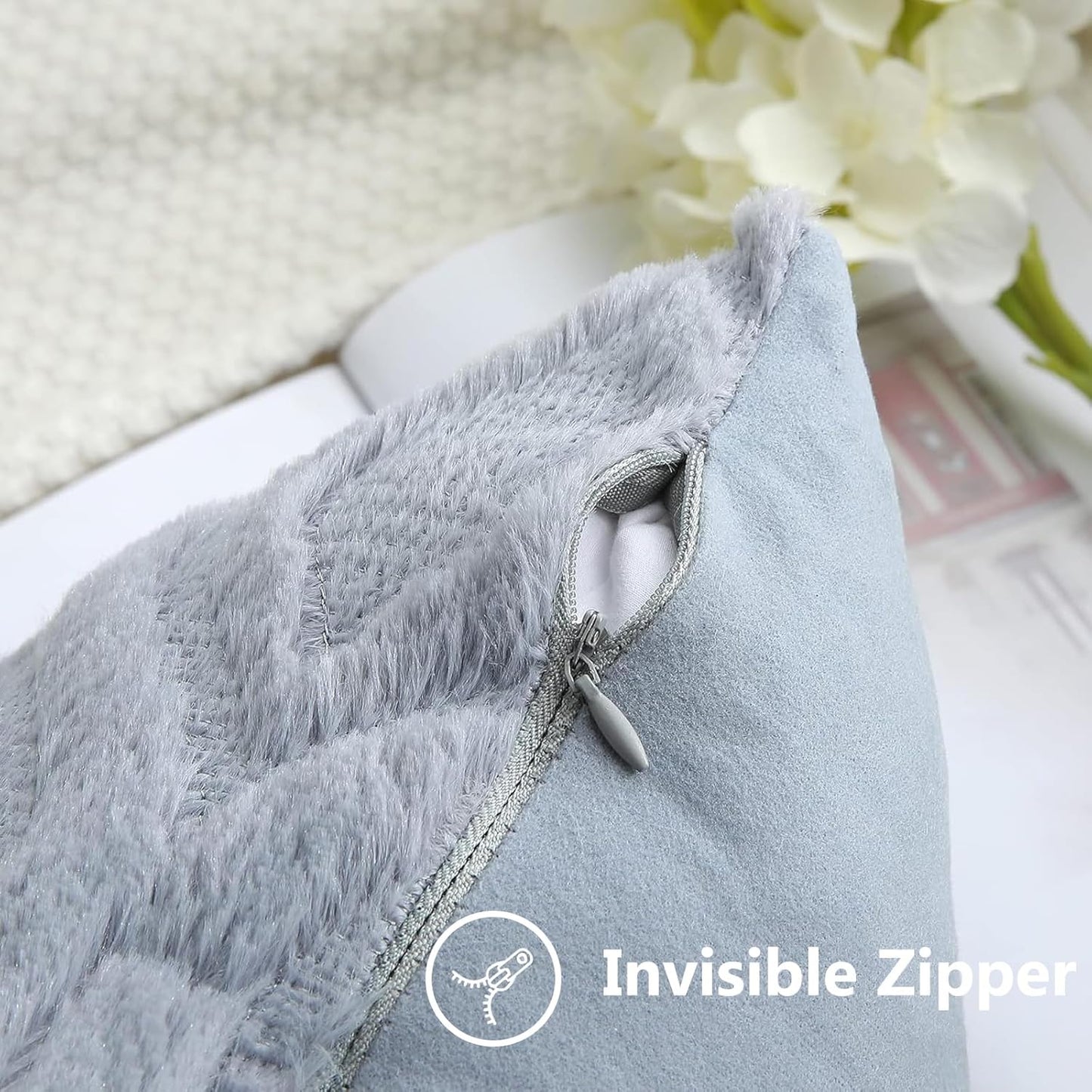 decorUhome Fall Throw Pillow Covers 22x22 Inch Set of 2, Soft Plush Decorative Faux Fur Blue Grey Solid Couch Pillow Covers, Accent Farmhouse Neutral Square Euro Pillow Cases for Sofa Bed Living Room