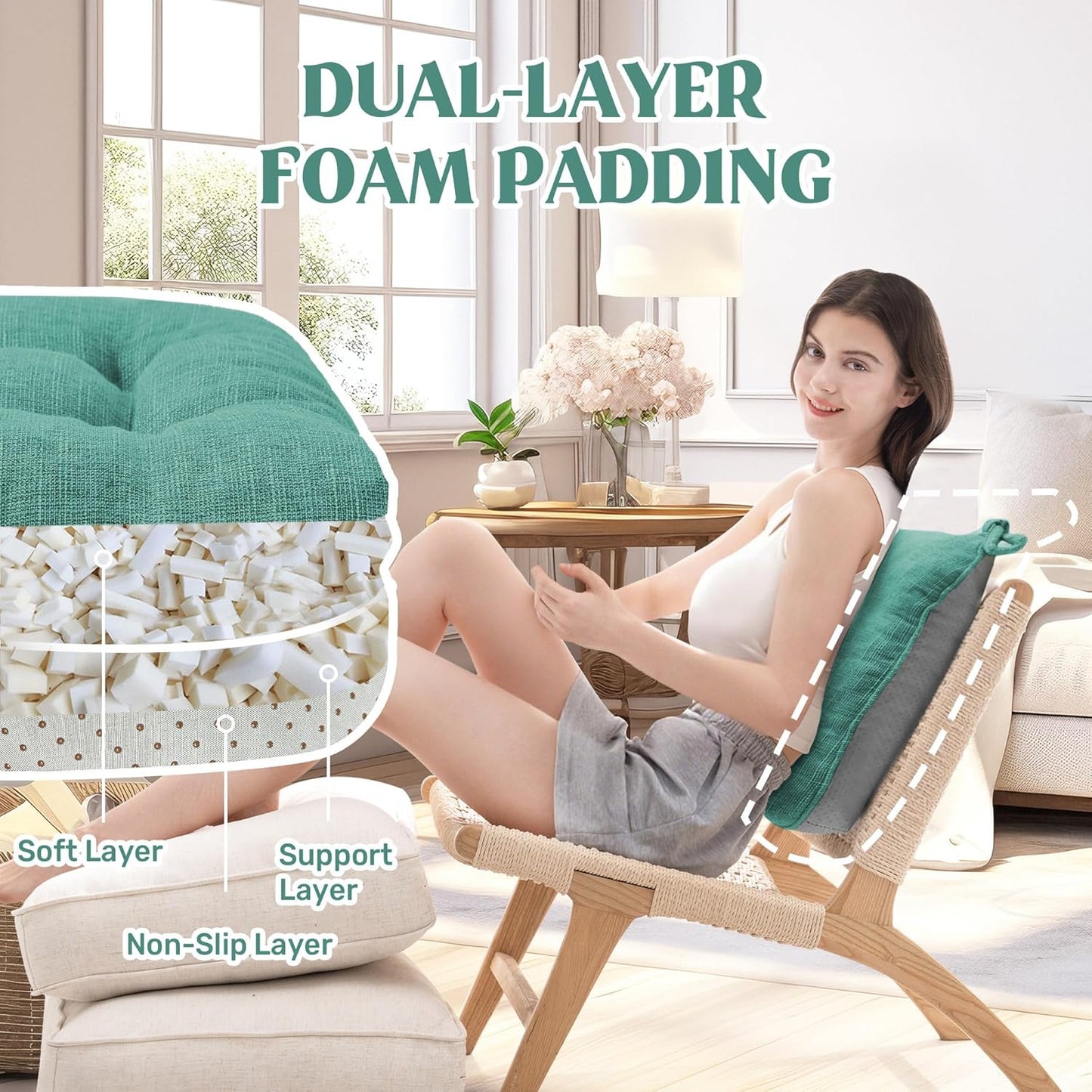 puredown® Chair Cushions for Dining Chairs, Tufted Memory Foam Chair Pads with Non-Slip Backing, Kitchen Seat Cushions with Ties, Washable Seat Pad Set of 4, 15.5" x 15.5" x 4", Green