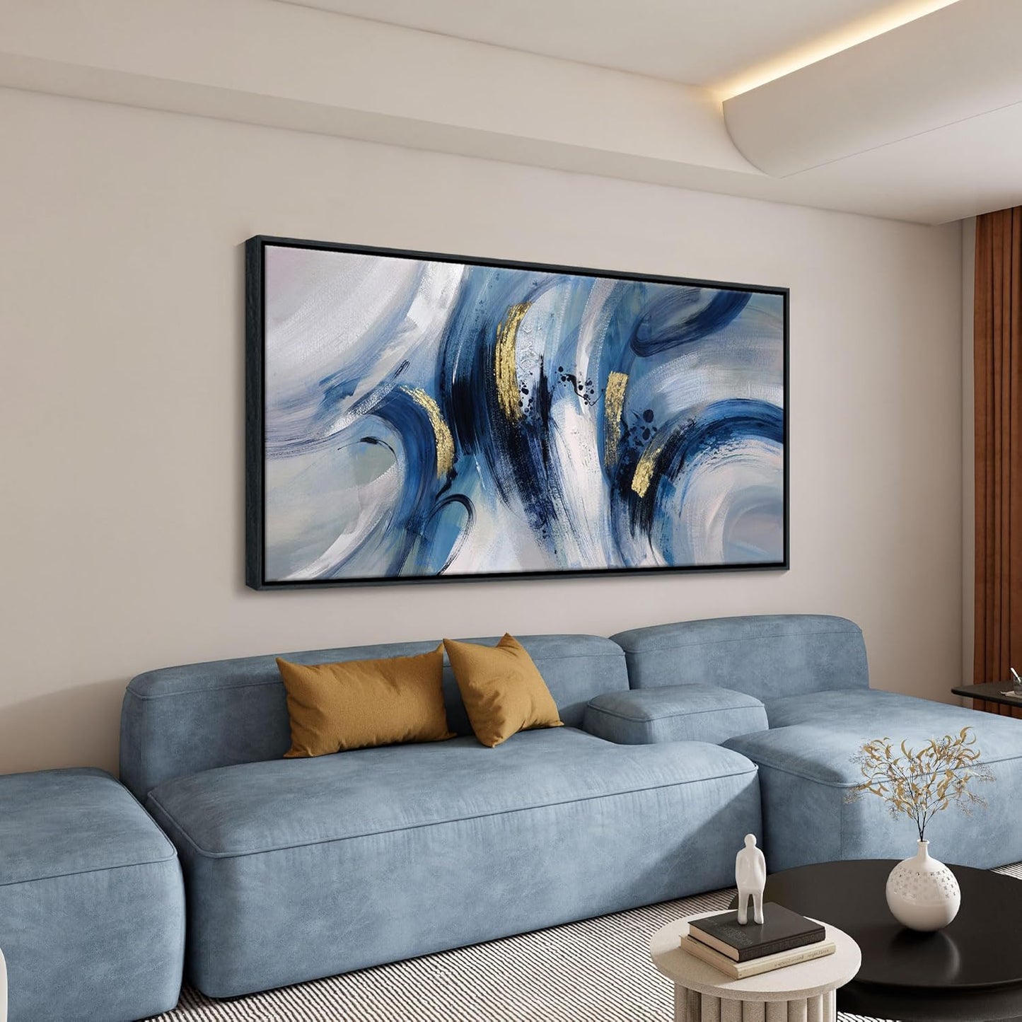 Abstract Line Art Framed Canvas - Modern Blue and Grey, Large 24x48 Inches, Minimalist Bedroom & Living Room Art, Ready to Hang