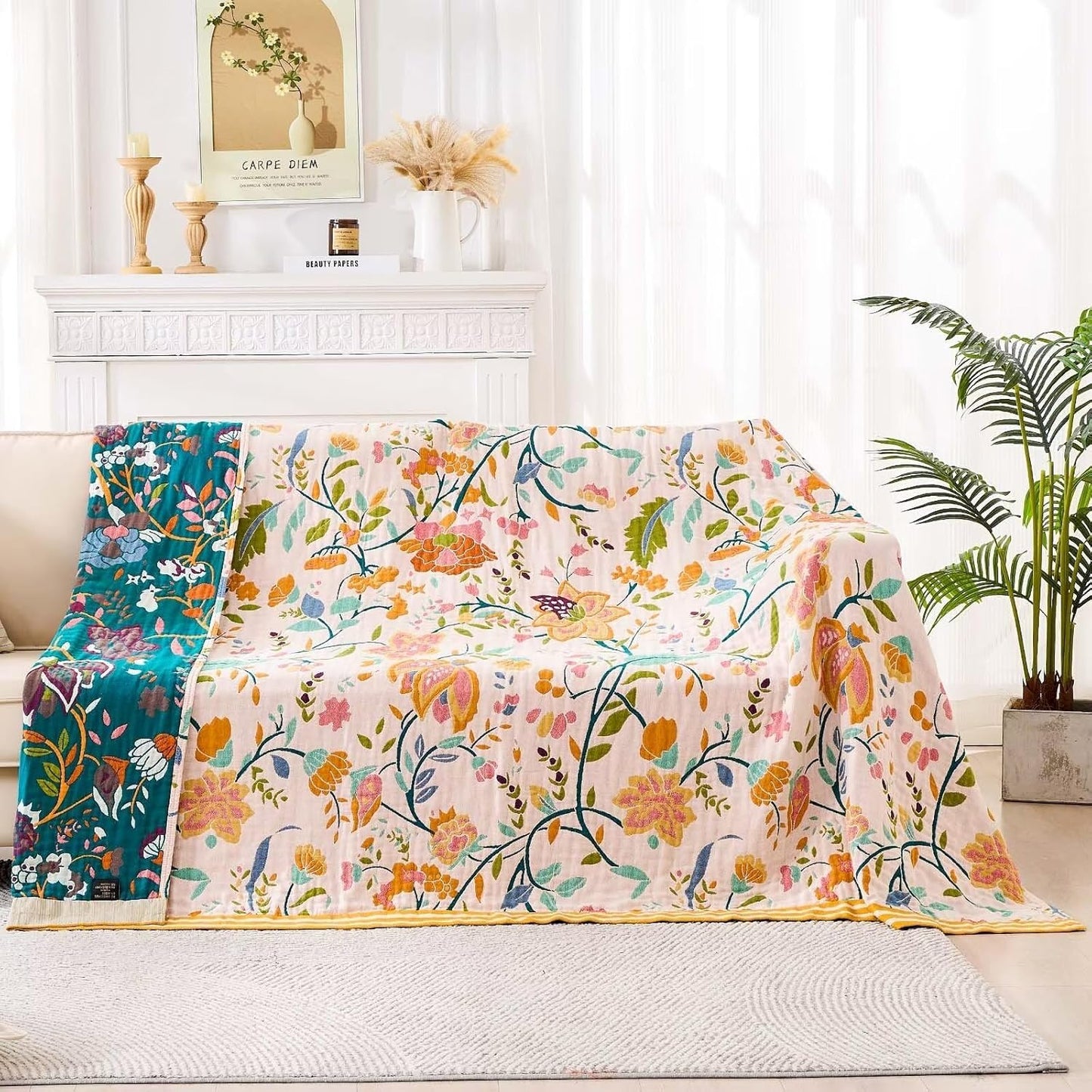 Boho Throw Blanket for Bed, 100% Cotton Soft Rustic Quilt Fall Blanket, 90"x98" Floral Printed Farmhouse Decor Bed Blankets, All Season Rustic Reversible Bohemian Throw Quilt