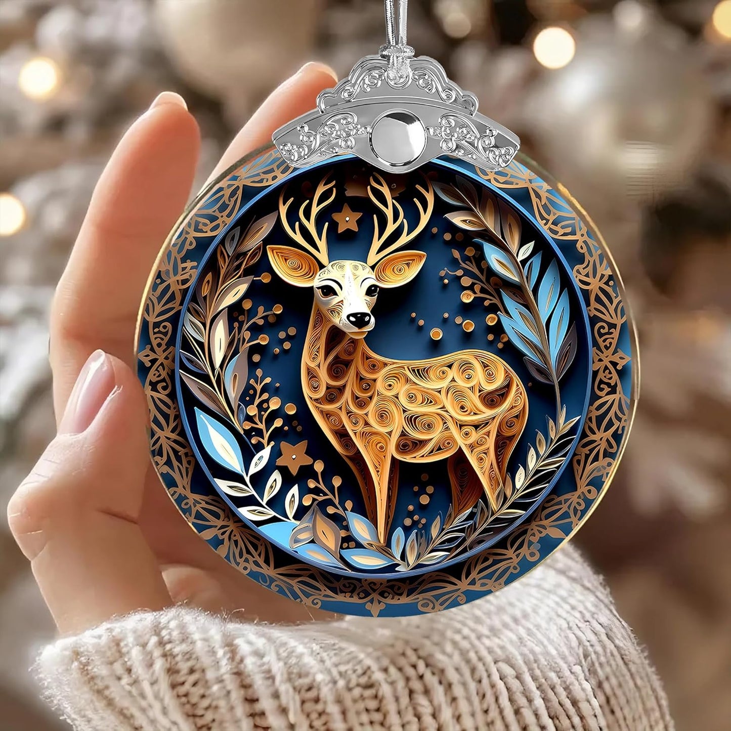 2025 Christmas Ornament, Stained Glass Effections, Christmas Tree 4 Inch Acrylic Ornament Art, White Elephant Gifts Car Interiors Decors, Christmas Decor (Quilling Deer)