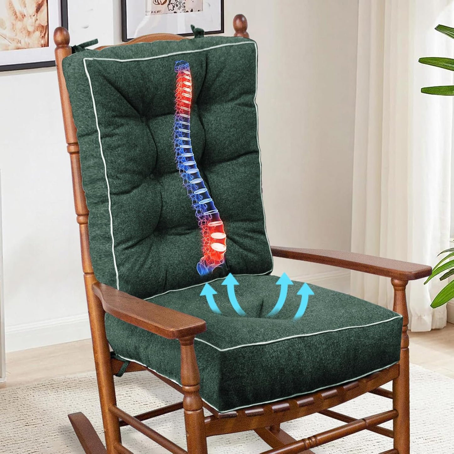 YZ HOME Rocking Chair Cushion, Set of Thicken Seat & Back Chair Cushions with Memory Foam, Non-Slip Chair Pad with Ties for for Indoor&Outdoor Rocker, Dark Green, 28 * 18 * 5/18x18x5