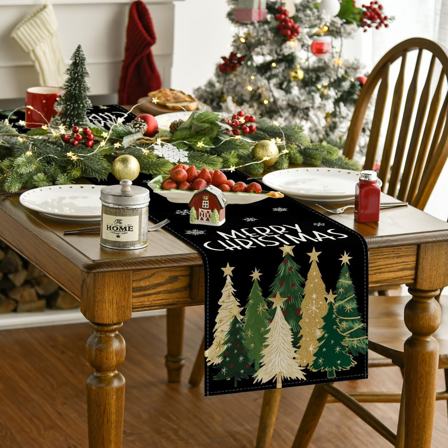 Artoid Mode Xmas Trees Snowflakes Black Merry Christmas Table Runner, Winter Seasonal Kitchen Dining Table Decoration for Home Party Decor 13x48 Inch