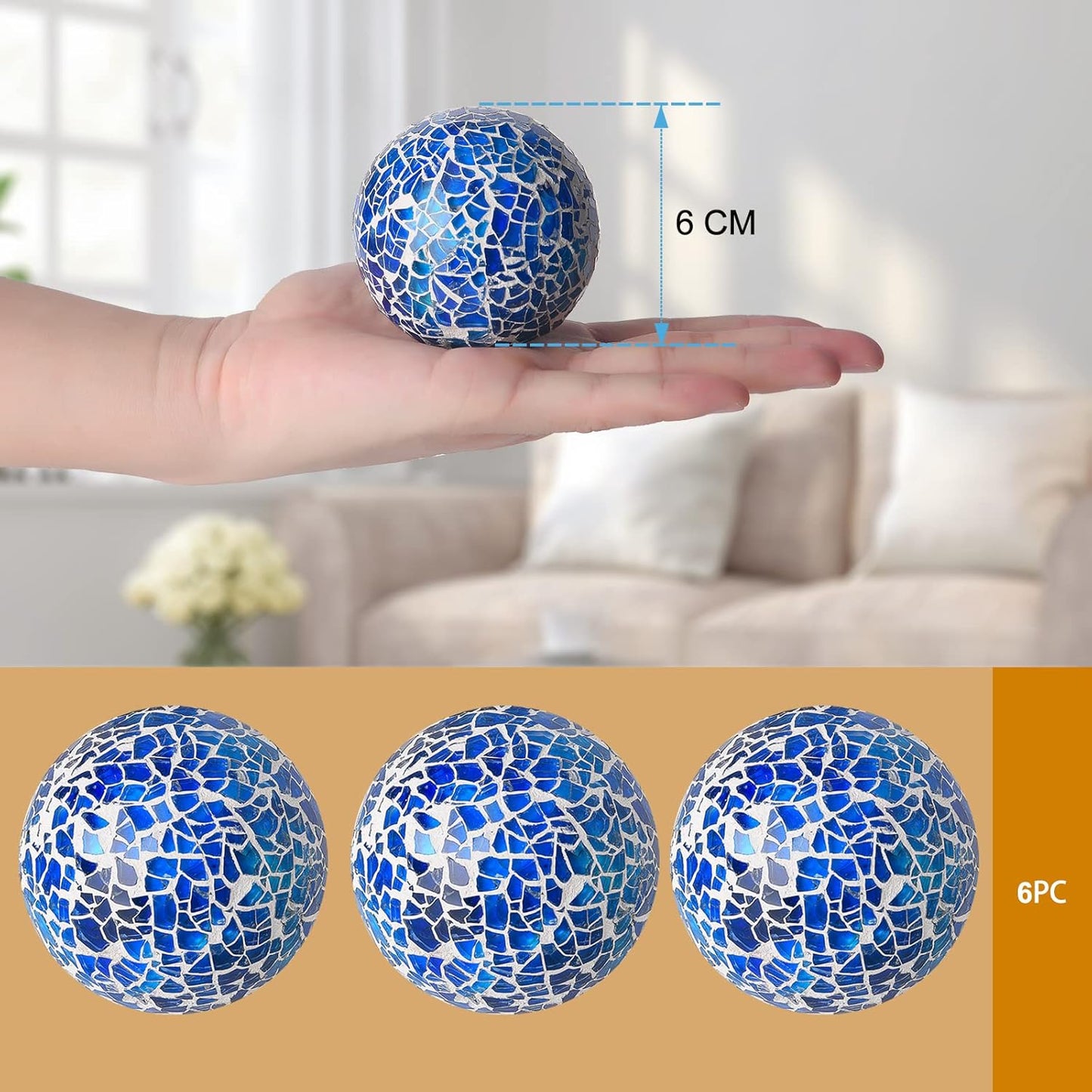 6Pcs Decorative Ball Set, 6cm/2.4inch Mosaic Glass Orbs Centerpiece Balls for Decorate Tables, Wedding Party