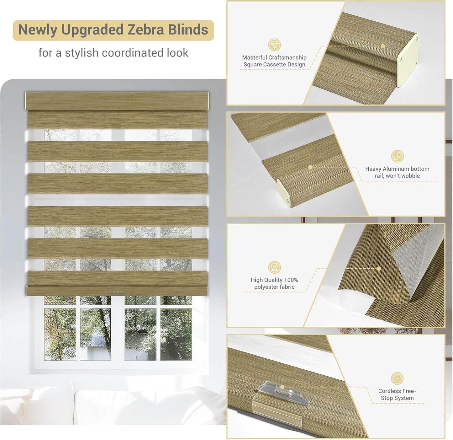 Cordless Zebra Blinds for Windows, Blackout Interior Blinds,Easy to Install,UV Protection,for Offices and Home,Custom Roller Shades, Mousse Light Bown,26" W x 80" H