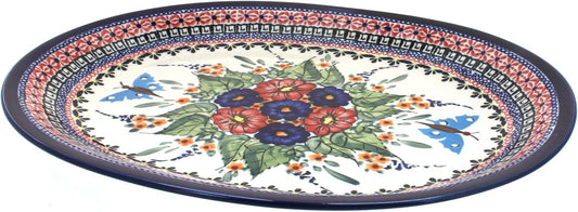 Blue Rose Polish Pottery Floral Butterfly Large Serving Platter