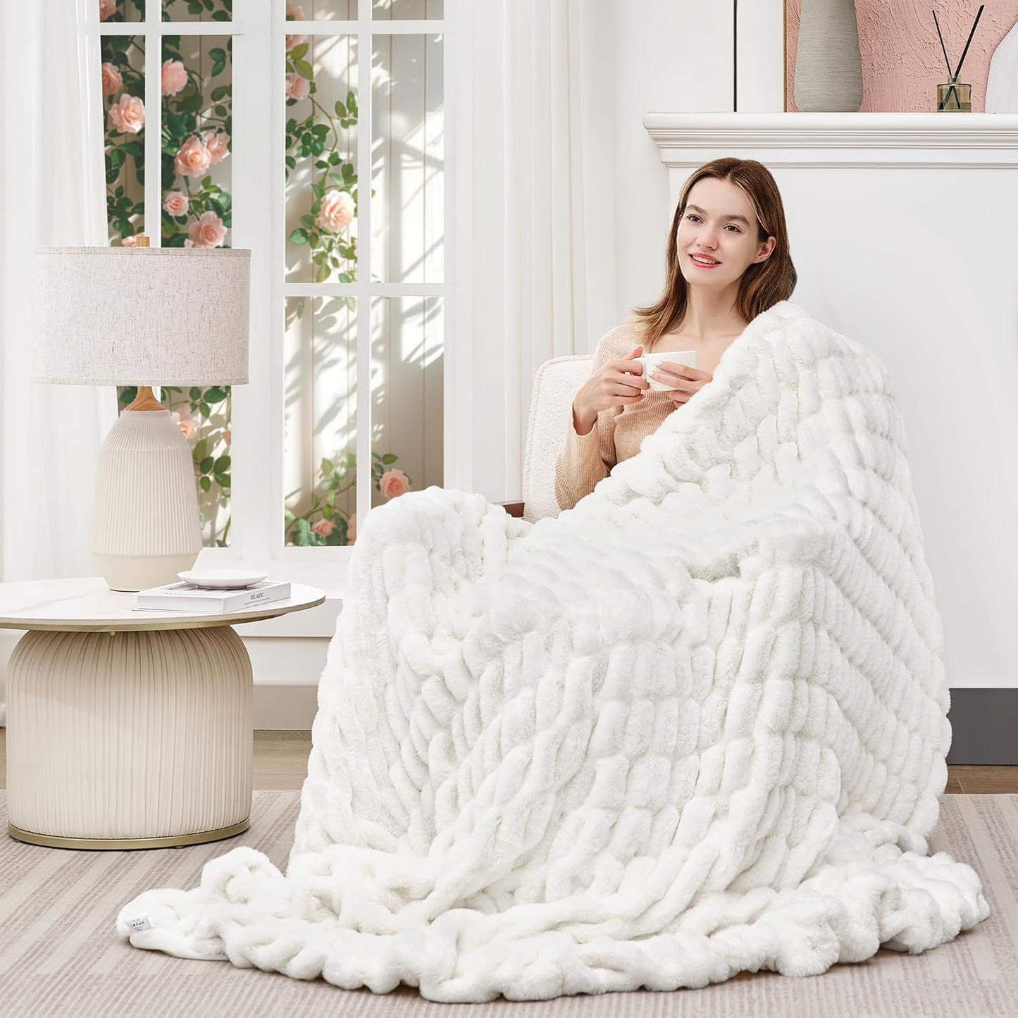 Touchat Ruched Faux Rabbit Fur Throw Blanket, 700 GSM Luxury Dual-Sided Soft Cozy Blanket, Fuzzy Fluffy Plush Blanket for Bed, Couch and Sofa - 50"x60", Cream White