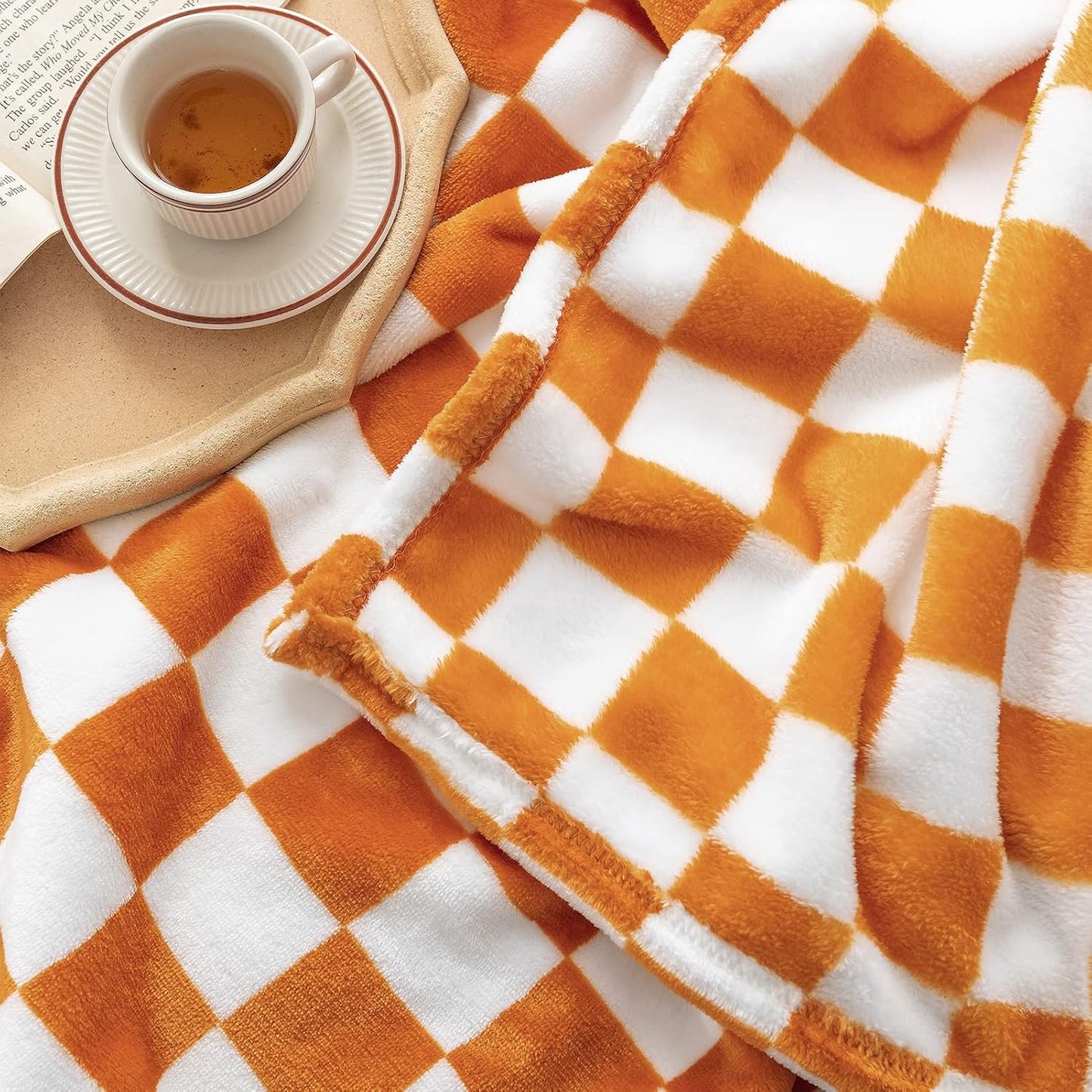LOMAO Throw Blankets Flannel Blanket with Checkerboard Grid Pattern Soft Throw Blanket for Couch, Bed, Sofa Luxurious Warm and Cozy for All Seasons (Orange, 90"x110")