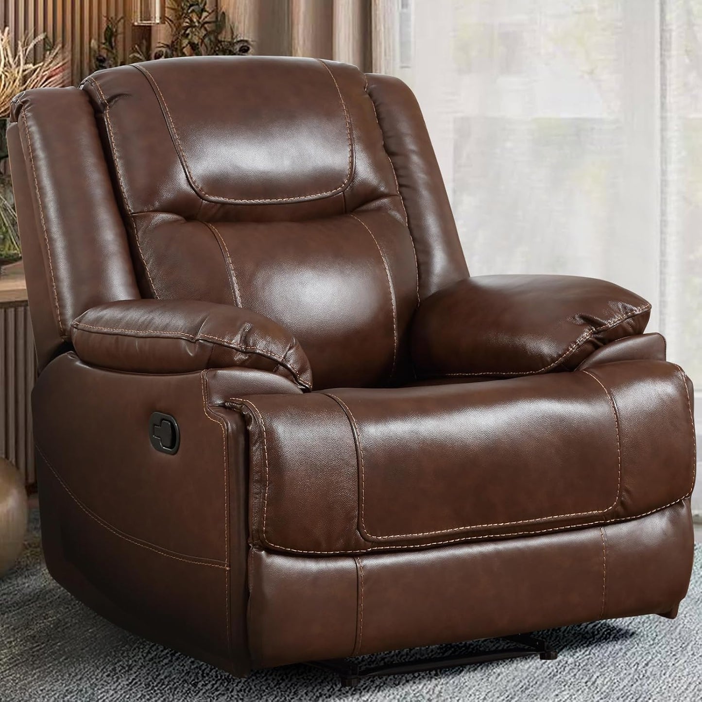 EBELLO Genuine Leather Manual Recliner Chair, Reclining Sofa Chair Couch for Living Room, Bedroom Furniture, Meeting Room, Brown