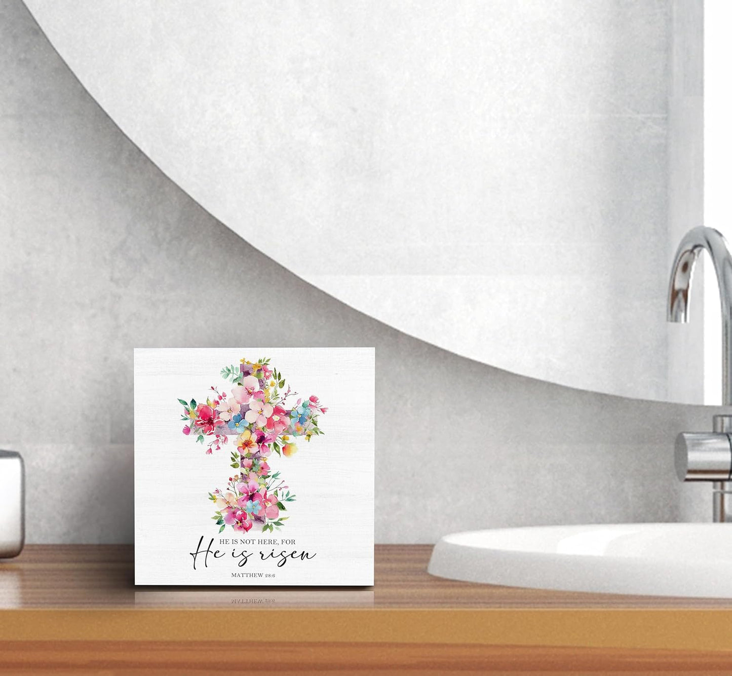 SRADMO He Is Risen Sign, Floral Cross Easter Christian Wood Box Sign Desk Decor, Christian Easter Decorations, Easter Theme Wooden Block Box Decoration for Home Office Shelf Table Decor