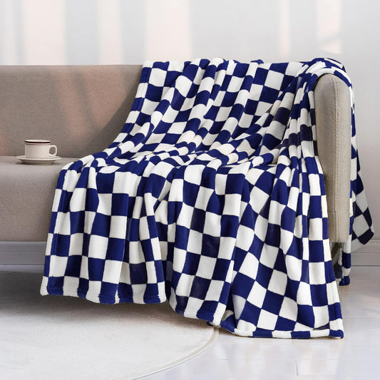 LOMAO Throw Blankets Flannel Blanket with Checkerboard Grid Pattern Soft Throw Blanket for Couch, Bed, Sofa Luxurious Warm and Cozy for All Seasons (Dark Blue, 60"x80")