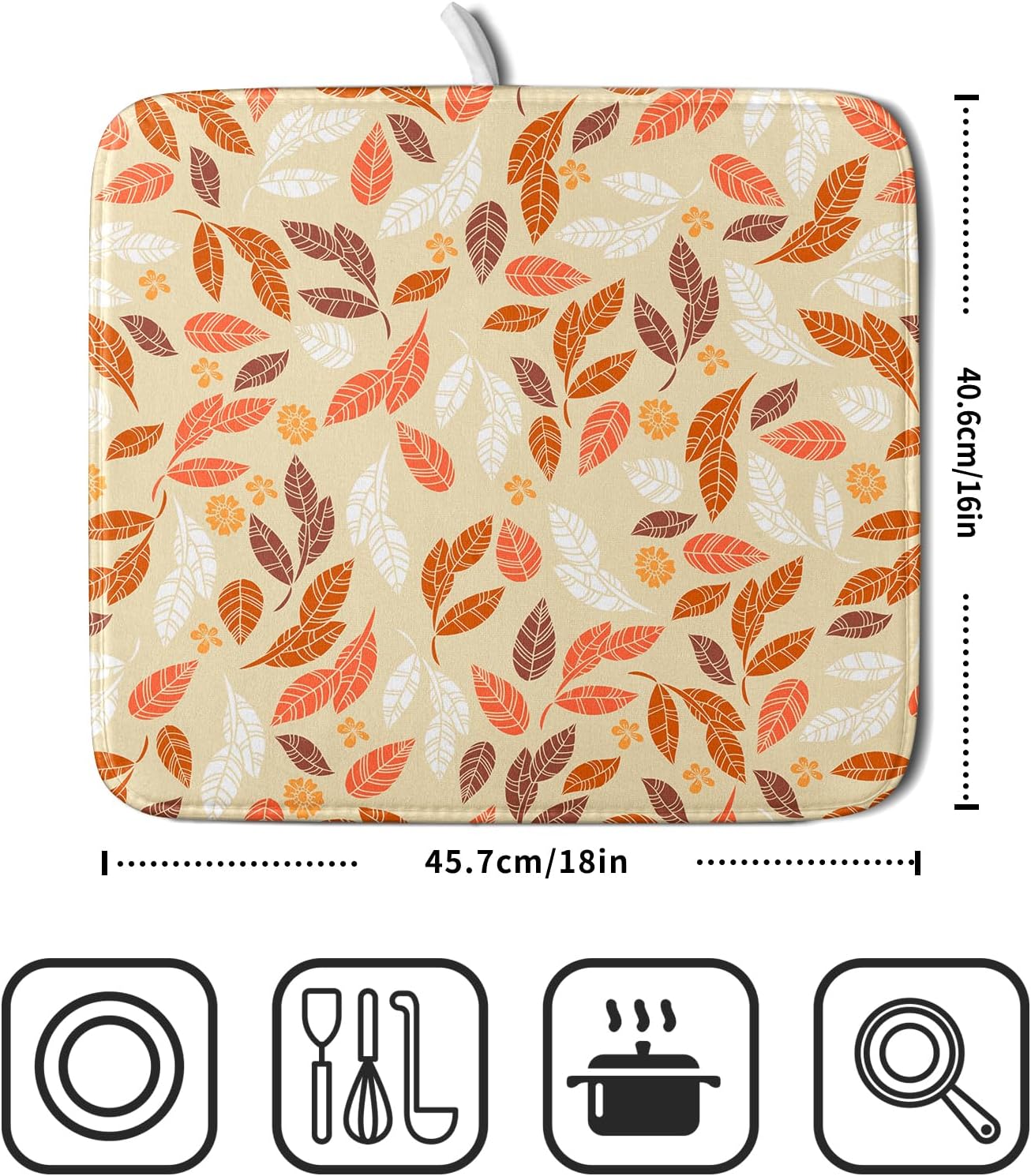 Fall Leaves Dish Drying Mat for Kitchen Counter Autumn Orange White Leaves Seasonal Super Absorbent Reversible Microfiber Kitchen Countertop Protector Dishes Pad Small 16x18 inch