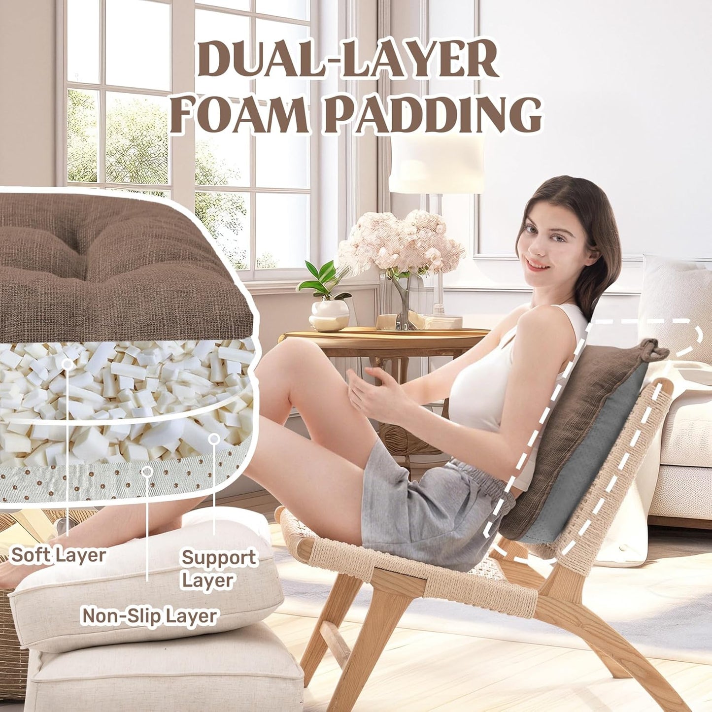 puredown® Chair Cushions for Dining Chairs, Tufted Memory Foam Chair Pads with Non-Slip Backing, Kitchen Seat Cushions with Ties, Washable Seat Pad Set of 4, 15.5" x 15.5" x 4", Coffee