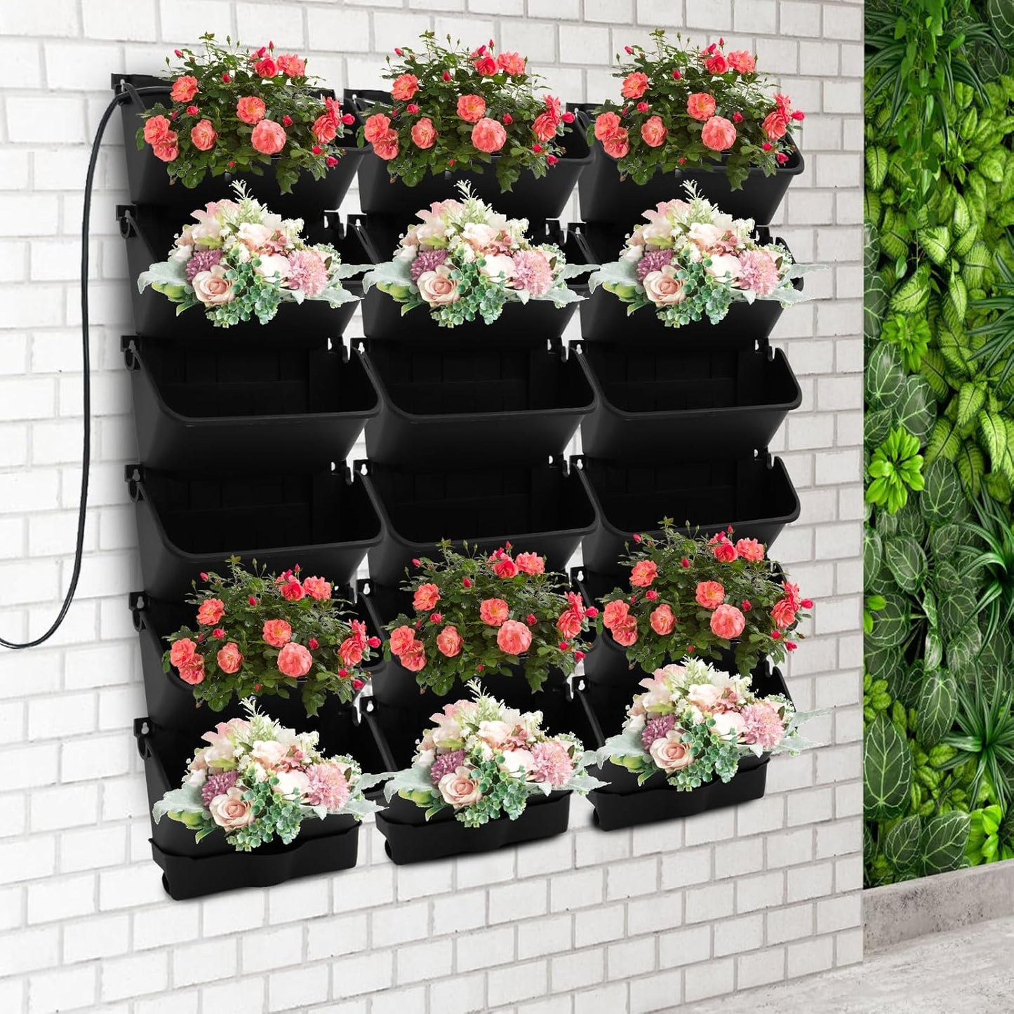 18 Pots Self-Watering Vertical Wall Planter, 39.4”L x 39.4”H Stackable Plastic Wall-Mounted Plant Grow Pots, Wall Hang Garden Planter Outdoor Indoor for Herbs Flowers Strawberries (Black)