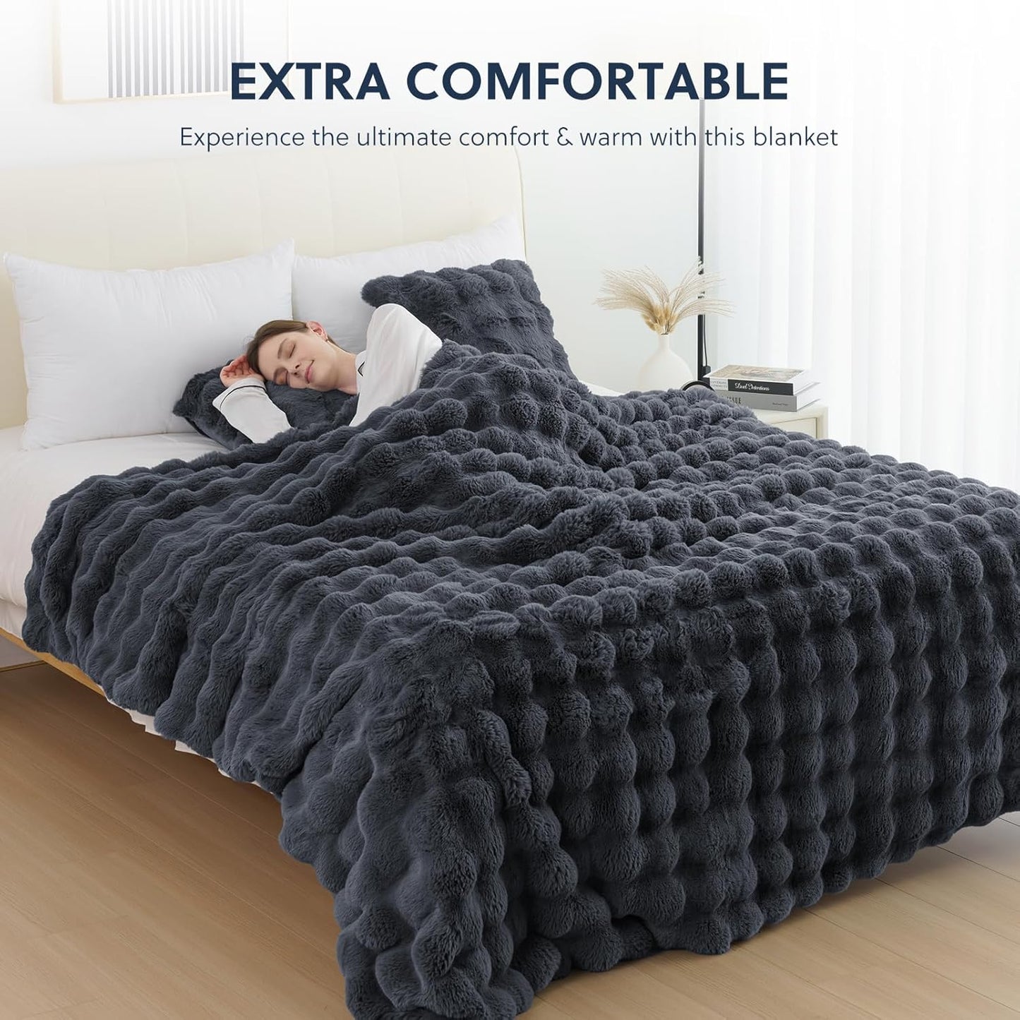 Cozy Faux Fur Throw Blanket for Bed-Warm Fuzzy Throw Blanket, Soft Plush Thick Bubble Blankets for Bedroom and Living Room, Furry Luxury Blanket, 60 x 80, Grey