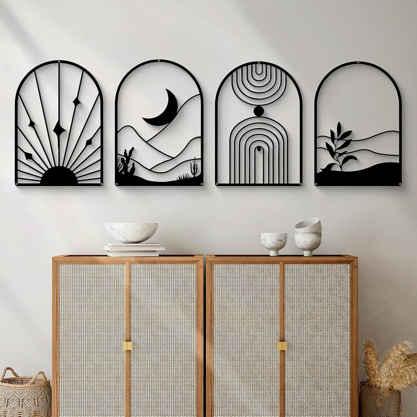 Glamativity 4 Pack Black Abstract Metal Wall Art, Minimalist Décor Single Line Art Wall Décor, 3D Textured Metal Wall Sculptures, for Living Room Bedroom Bathroom Study Room (Black Boho, L Size 22.5 x 15.7'')
