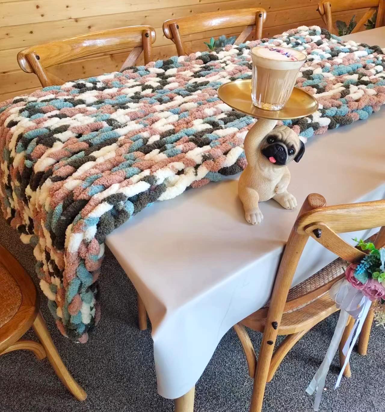 DDL&HEXI Chunky Chenille Blanket 100% Hand Knit with Jumbo Chenille Yarn (50"x60") Super Soft Large Throw Bed Blanket for Couch, Sofa, Home Decor - Machine Washable (02)