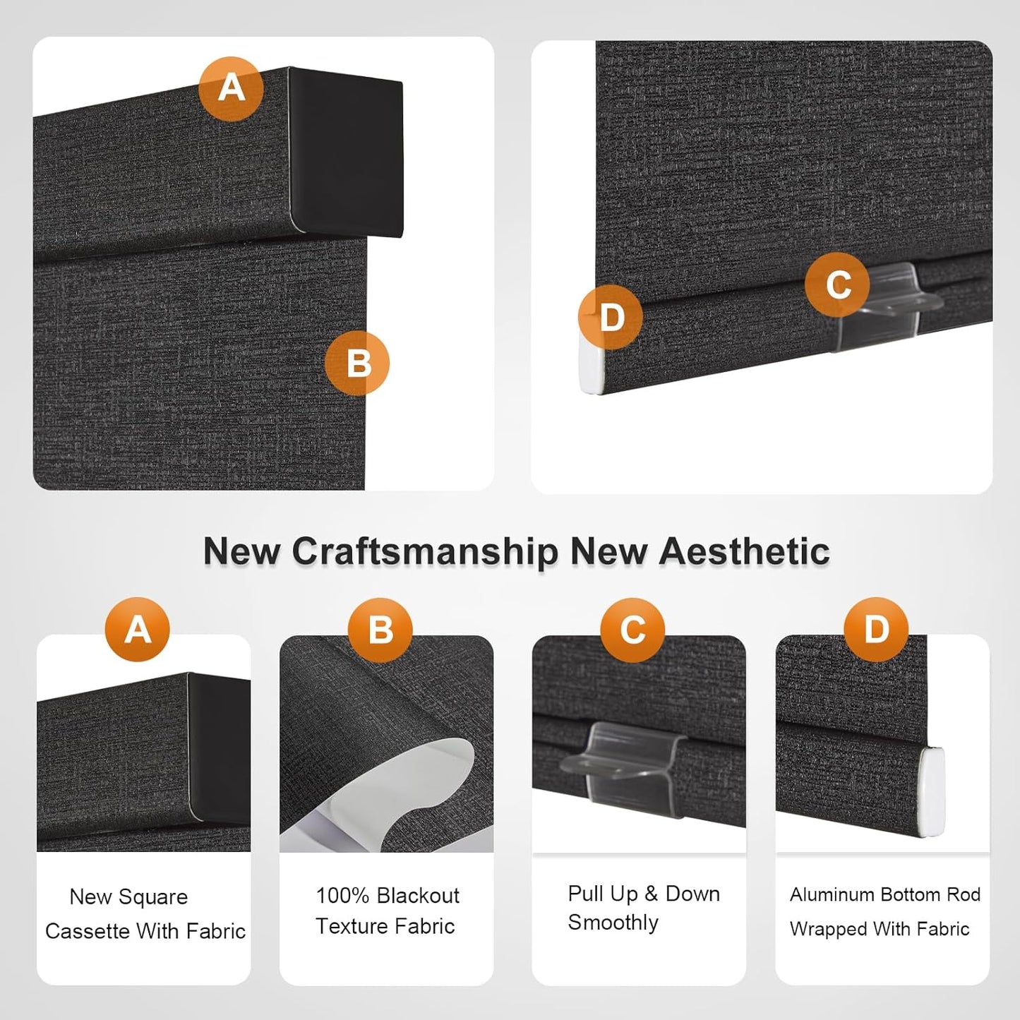 Persilux Free-Stop Cordless Blinds for Indoor Windows with Cover, Window Shades Blackout Roller Blinds, Thermal Insulated Fabric UV Protection for Kitchen, Office, Living Room, Black(38" W x 64" H)