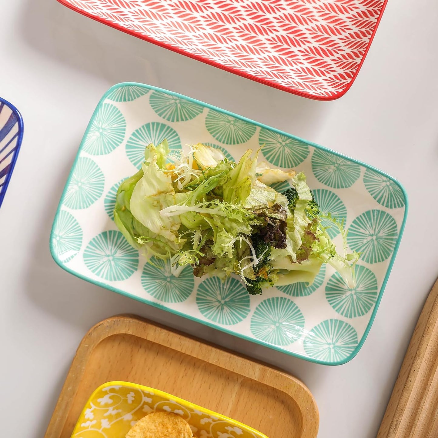 Selamica Ceramic Rectangular Salad Plates Set of 4, Small Serving Plates for Appetizers, Sushi, Fruit, Assorted Colors