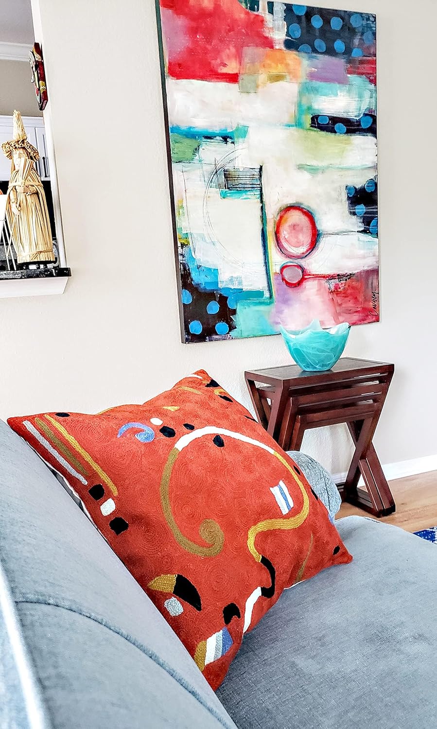 Kandinsky Modern Pillow Cover - Orange Ribbon | Mid Century Chair Cushions | Orange Abstract Pillows | Contemporary Pillowcase | Modern Couch Pillows | Hand Embroidered Cushion | Wool Size 18x18