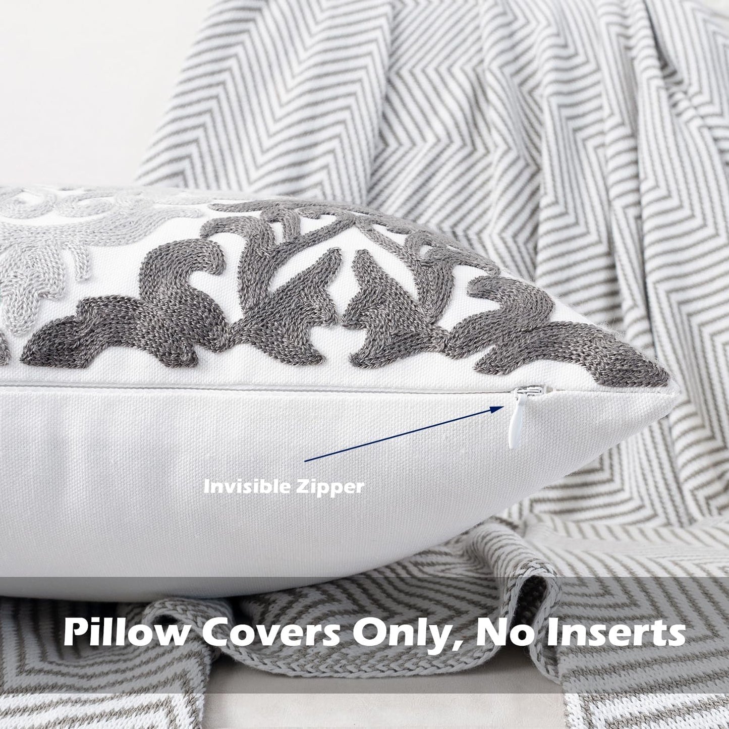 HWY 50 Grey Gray Decorative Throw Pillow Covers 18x18 Inch (1 Piece), Embroidered Cotton Farmhouse Cushion Cover Pillow Case for Sofa Couch Living Room Bed Bedroon, Floral Geometric