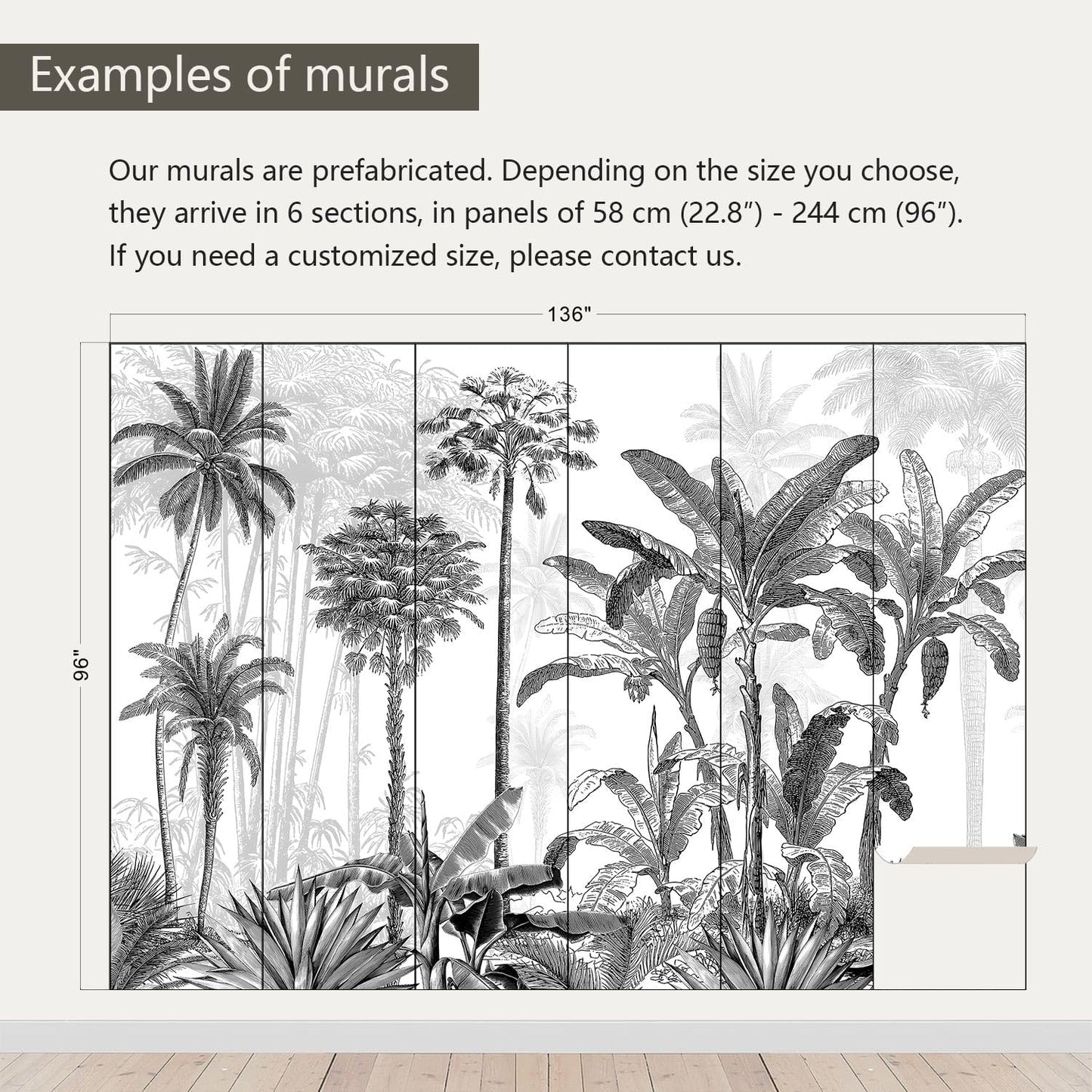 AFZEVEB-Black and White Jungle Wallpaper Hand-Painted Tree Wall murals for Bedroom 136"x96" (Not Peel and Stick)
