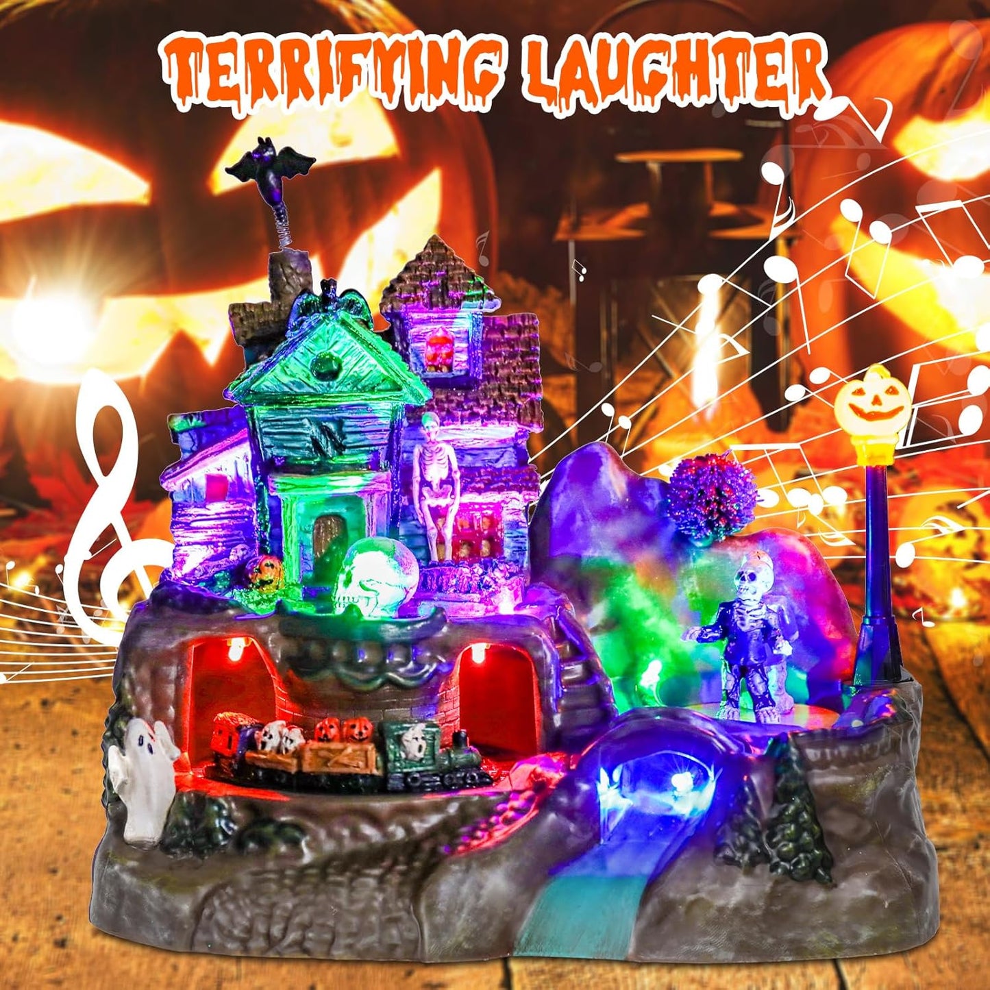 DREAM GARDEN Halloween Village Collection, Lighted Spooky Haunted House with Animated Train and Scary Sound Halloween Collectible Bulidings with Skull, Pumpkin, Ghost for Holiday Party Tabletop Decor