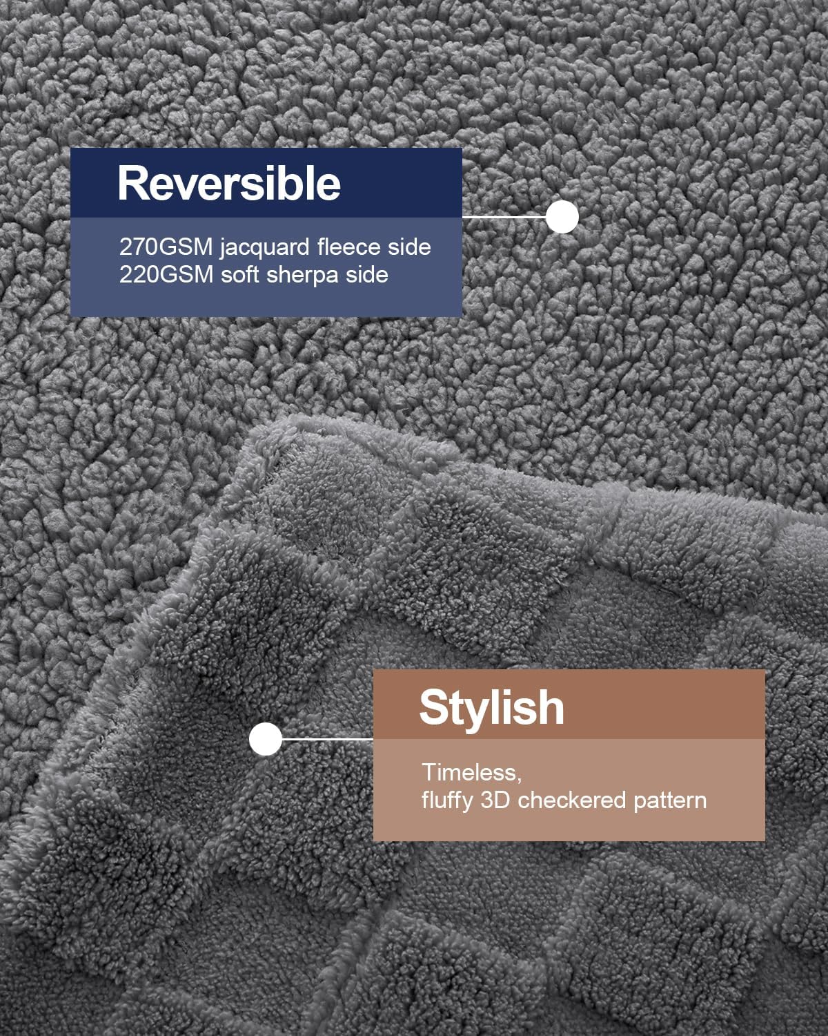 Pawque Super Soft Cozy Throw Blanket for Couch Sofa Bed - Fluffy Sherpa Fleece Reversible Thick Warm Fuzzy Blanket for All-Season, 3D Checkered Jacquard Elegant Decorative Blankets, Grey, 50" x 60"