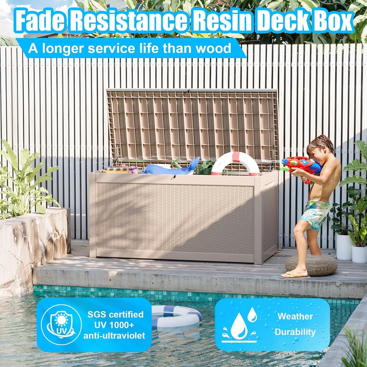 260 Gallon Large Resin Deck Box, Lockable Outdoor Storage Box for Patio Cushions Storage Furniture,Garden Tools, Pool Supplies, Weatherproof and UV Resistant- Grey Rattan (260 Gallon)