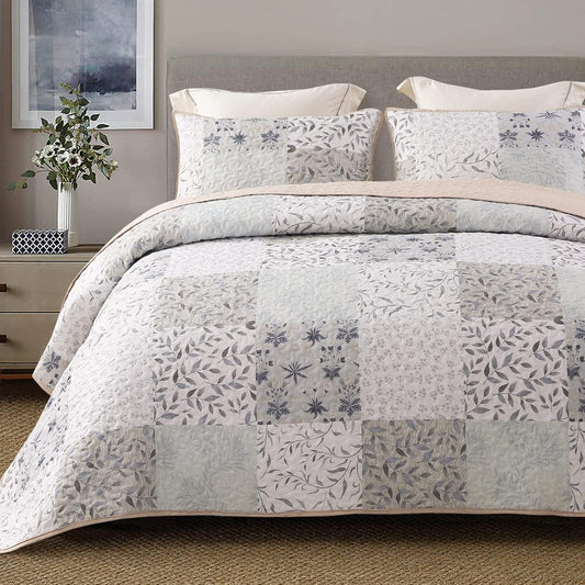 Exclusivo Mezcla Reversible Boho Quilt Set Twin Size, 2 Pieces Patchwork Gray All Season Bedspreads, Ultra Soft Floral Coverlet Bedding Set with Printed Pattern (1 Quilt, 1 Pillow Sham)