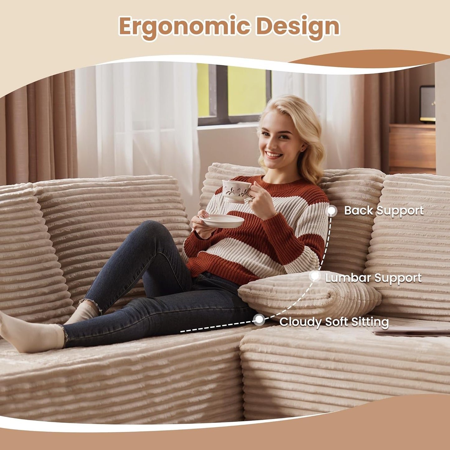 HOOOWOOO Cloud Sectional Couches for Living Room,Modular Sectional Sofa No Assembly,133X70 Inch Plush Corduroy Large U Shaped Floor Couch Set with Deep Seat Chaise Lounge(Beige)