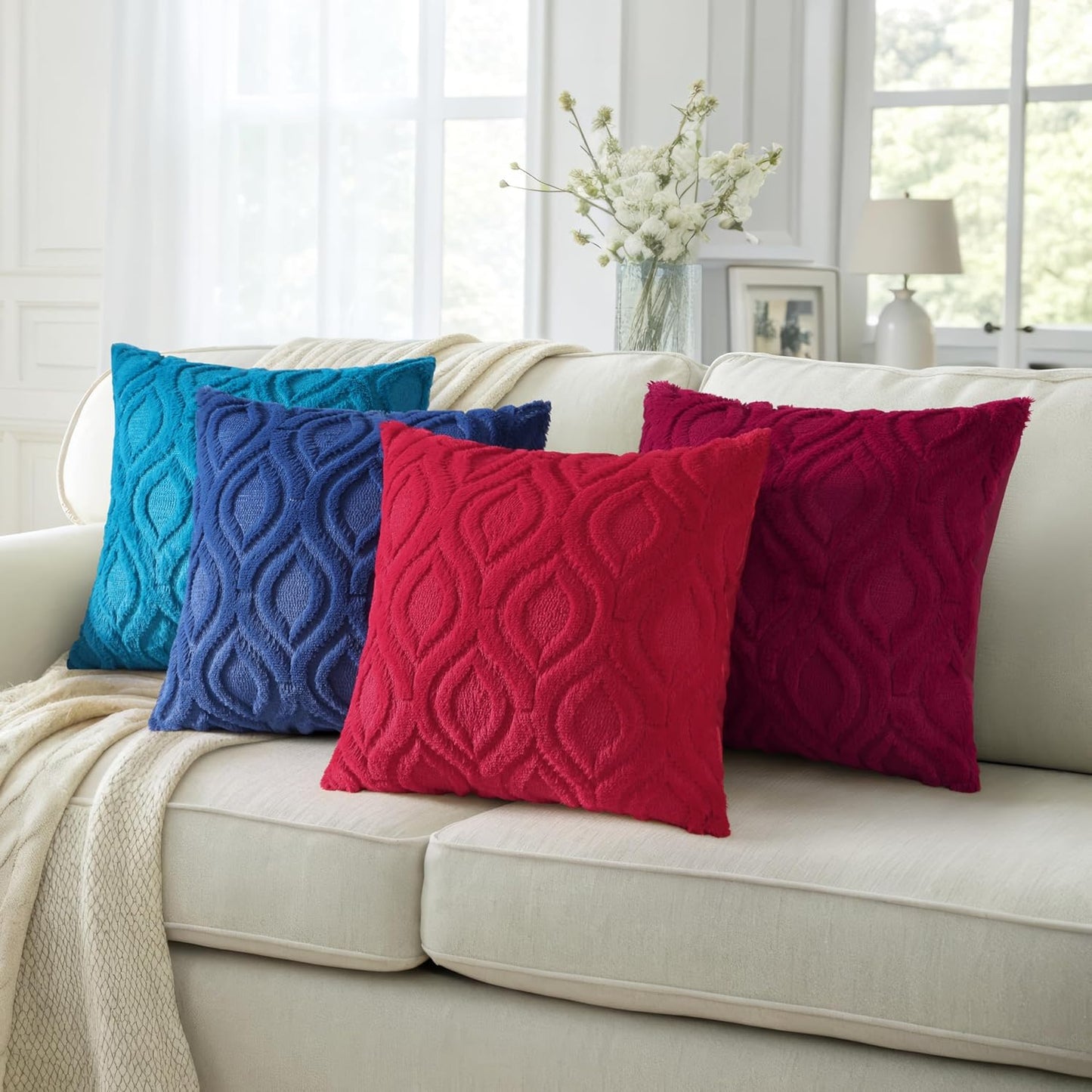 decorUhome Fall Throw Pillow Covers 24x24 Inch Set of 2, Soft Plush Decorative Faux Fur Navy Blue Solid Couch Pillow Covers, Accent Farmhouse Neutral Square Euro Pillow Cases for Sofa Bed Living Room