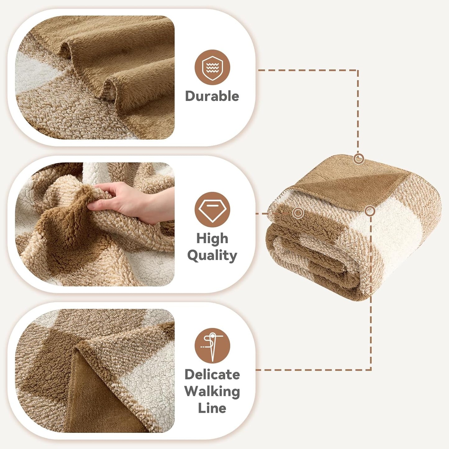 LURKA Checkered Sherpa Fleece Queen-Size Bed Blanket - Extra Thick and Warm Winter Soft Fuzzy Plush Blanket for Couches, Beds & Pets, Brown, 90x90 Inches