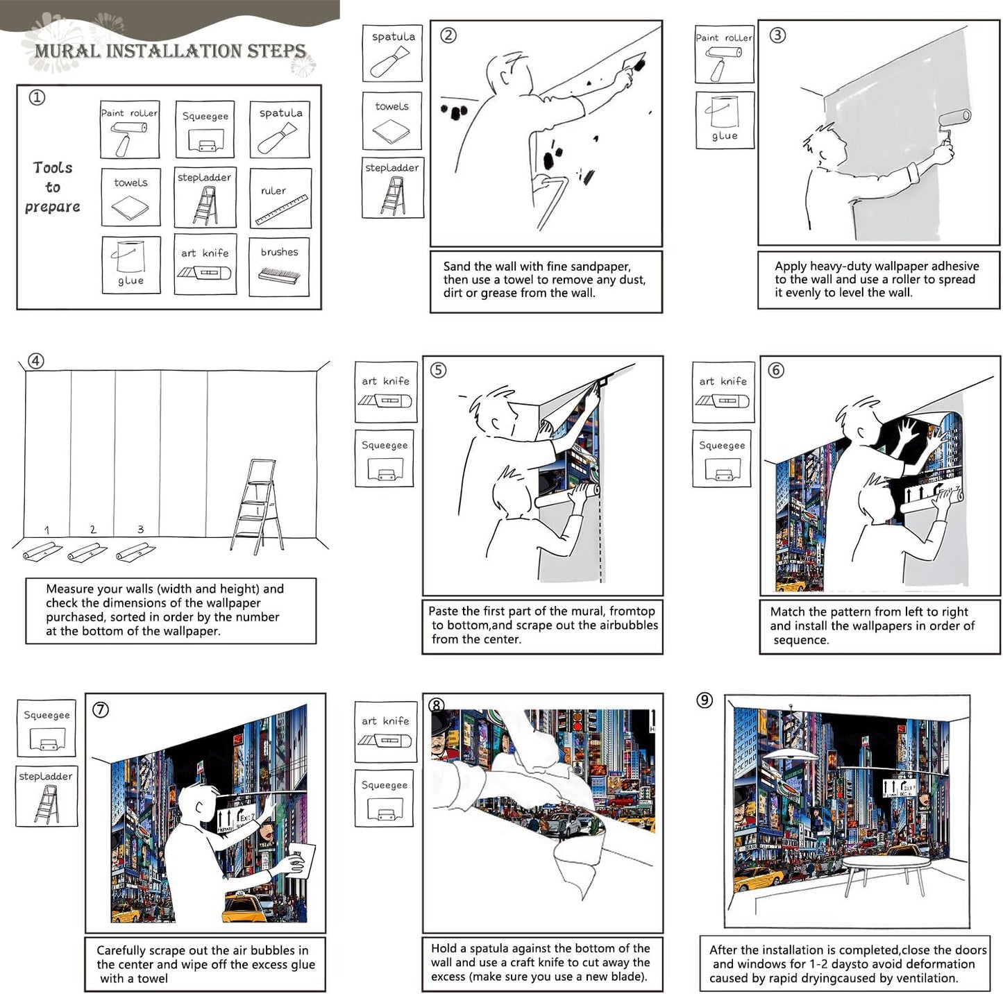 AFZEVEB-Hand-Painted New York City Wallpaper Wall murals for Bathroom 159"x107" (Not Peel and Stick)