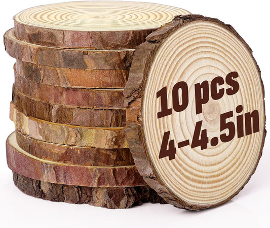 FUMILE Unfinished Natural Wood Slices 4-4.5 Inch, 10 PCS Round Wooden Discs with Tree Bark, Wood Rounds for Crafts Christmas Ornaments, Wood Circles for Rustic Wedding Decoration