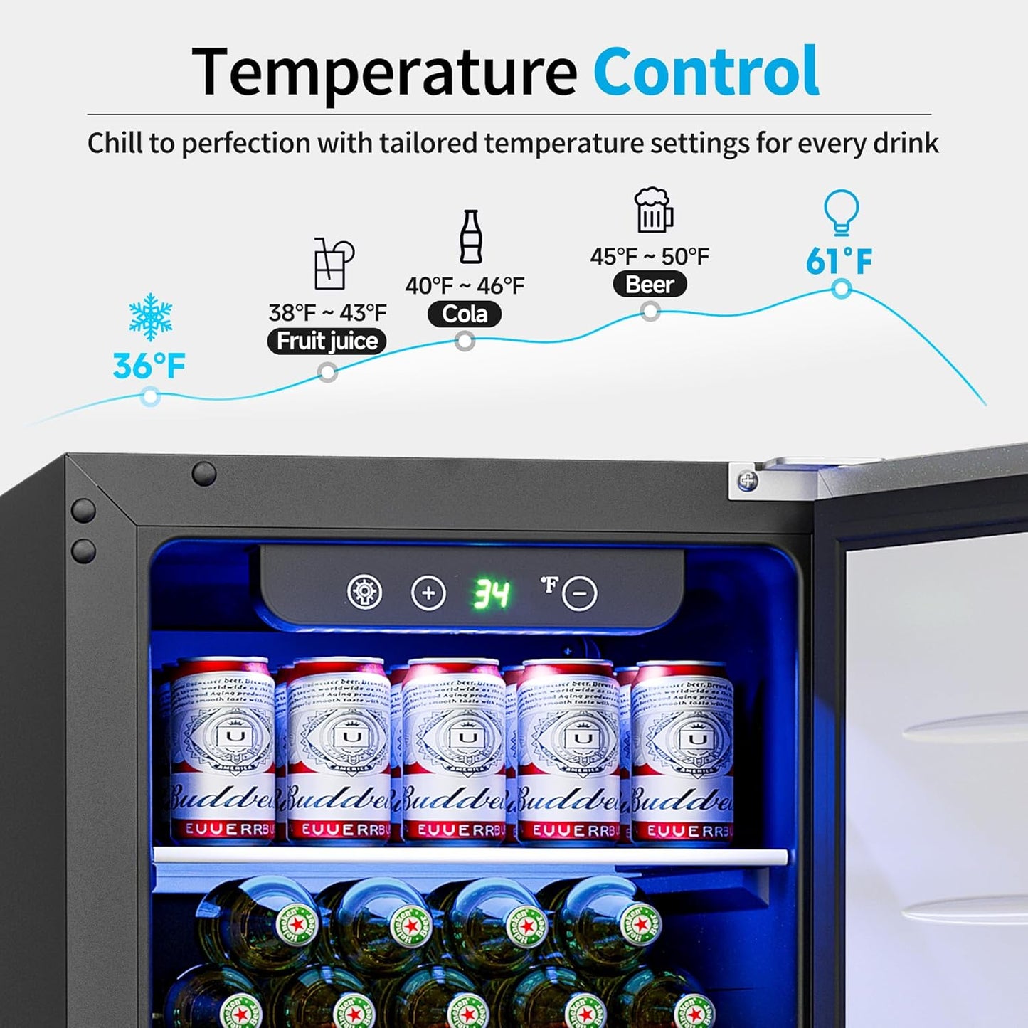 15 Inch Undercounter Beverage Refrigerator - 126 Cans Beverage Fridge with Stainless Steel Door for Beer Wine Soda - Built-in or Freestanding Wine Cooler for Home Kitchen Bar