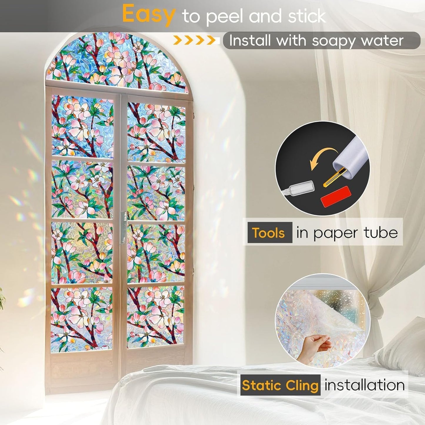 Rainbow Window Privacy Film Decorative, 3D Decals Stained Glass Clings, Static Cling Sticker, Suncatcher Windows Cover Tint for Home, 35.4 Inch x 78.7 Inch