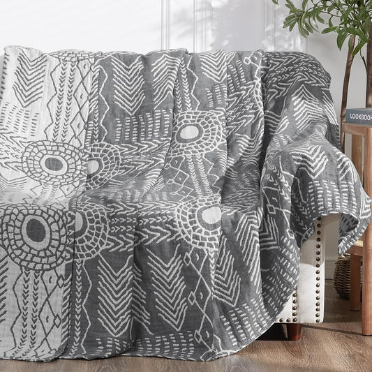 JINCHAN Boho 100% Cotton Muslin Blanket 3-Layer Twin Size Geometric Lightweight Reversible Soft Cozy Throw for Couch Sofa Bed All Season Coverlet Ideal Gift Bedroom Living Room Decor Grey 60x80 Inches